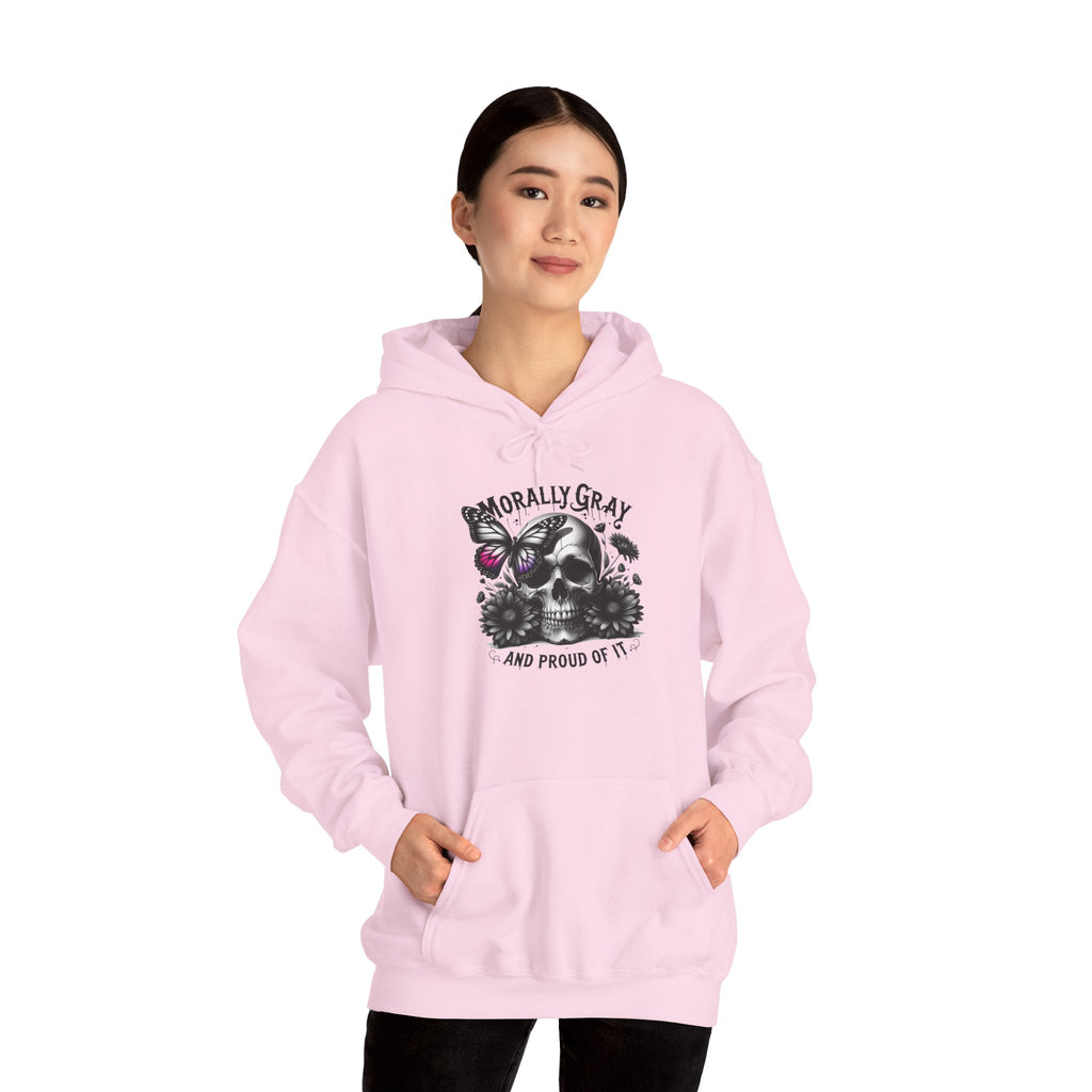 Hoodie — "Morally Gray and Proud of It" Skull & Butterfly Graphic