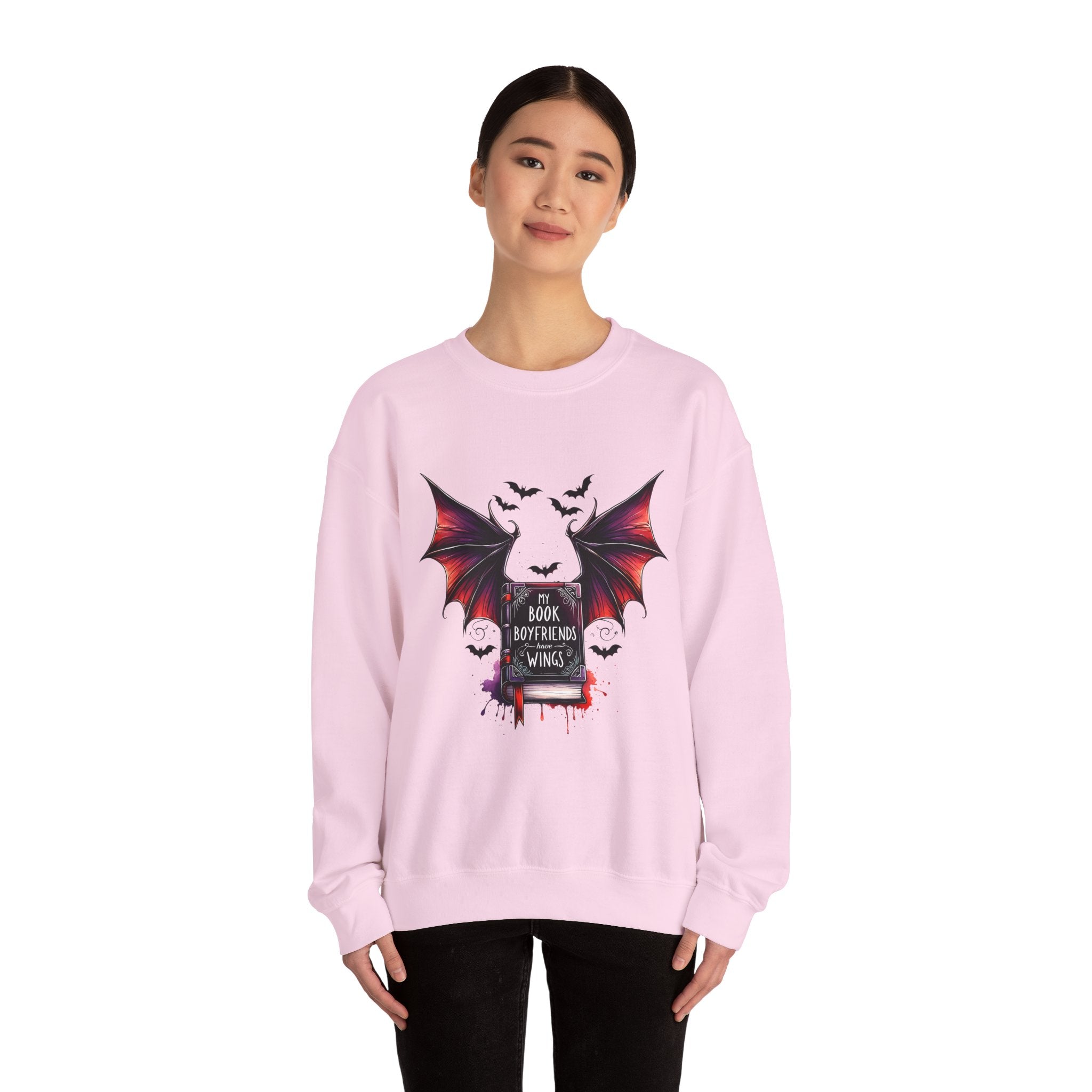 Bat Wings Book Lover Sweatshirt – "My Book Boyfriend Has Wings" Gothic Reading Crewneck