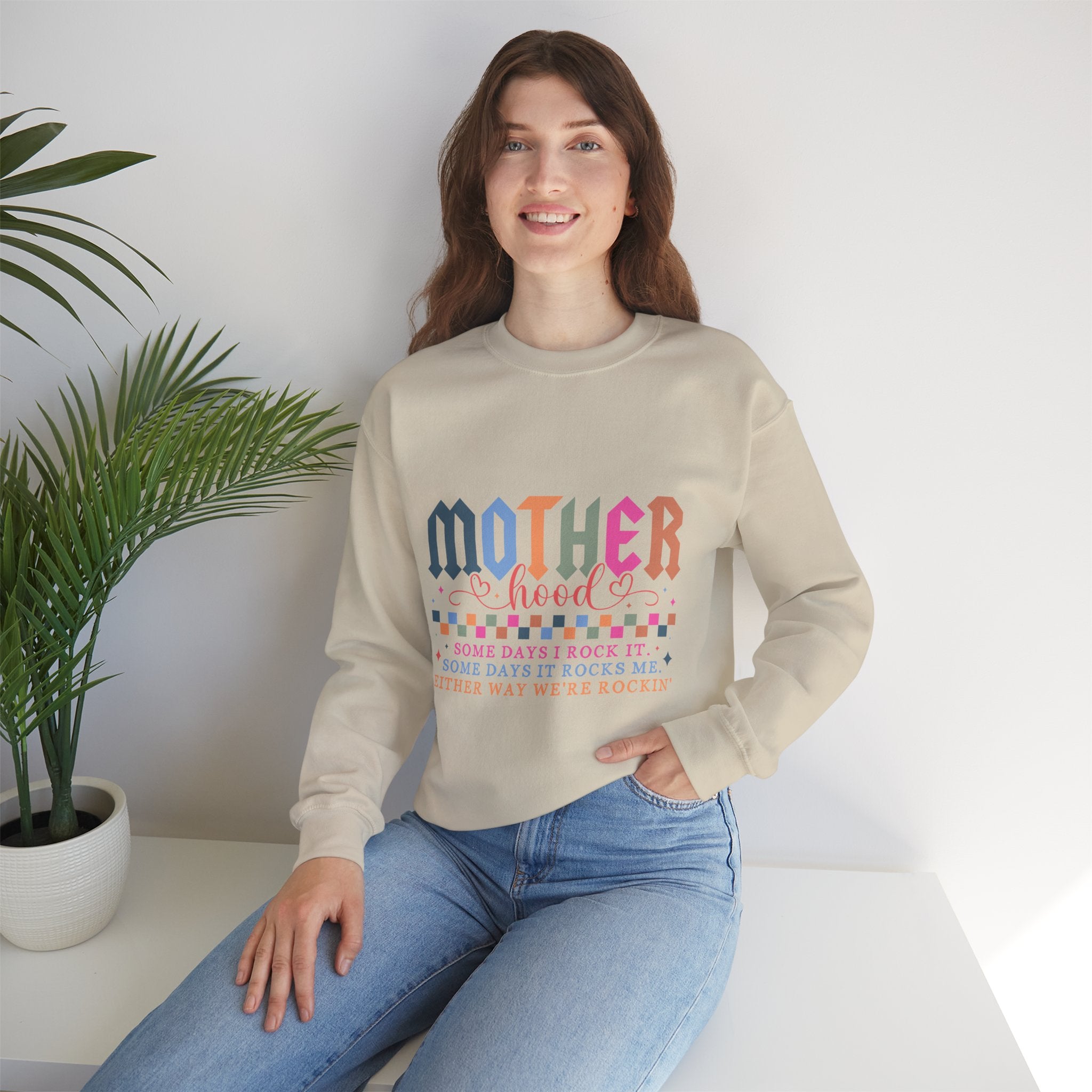 Motherhood Crewneck Sweatshirt — 'Mother Hood' Retro Colorful Mom Pullover