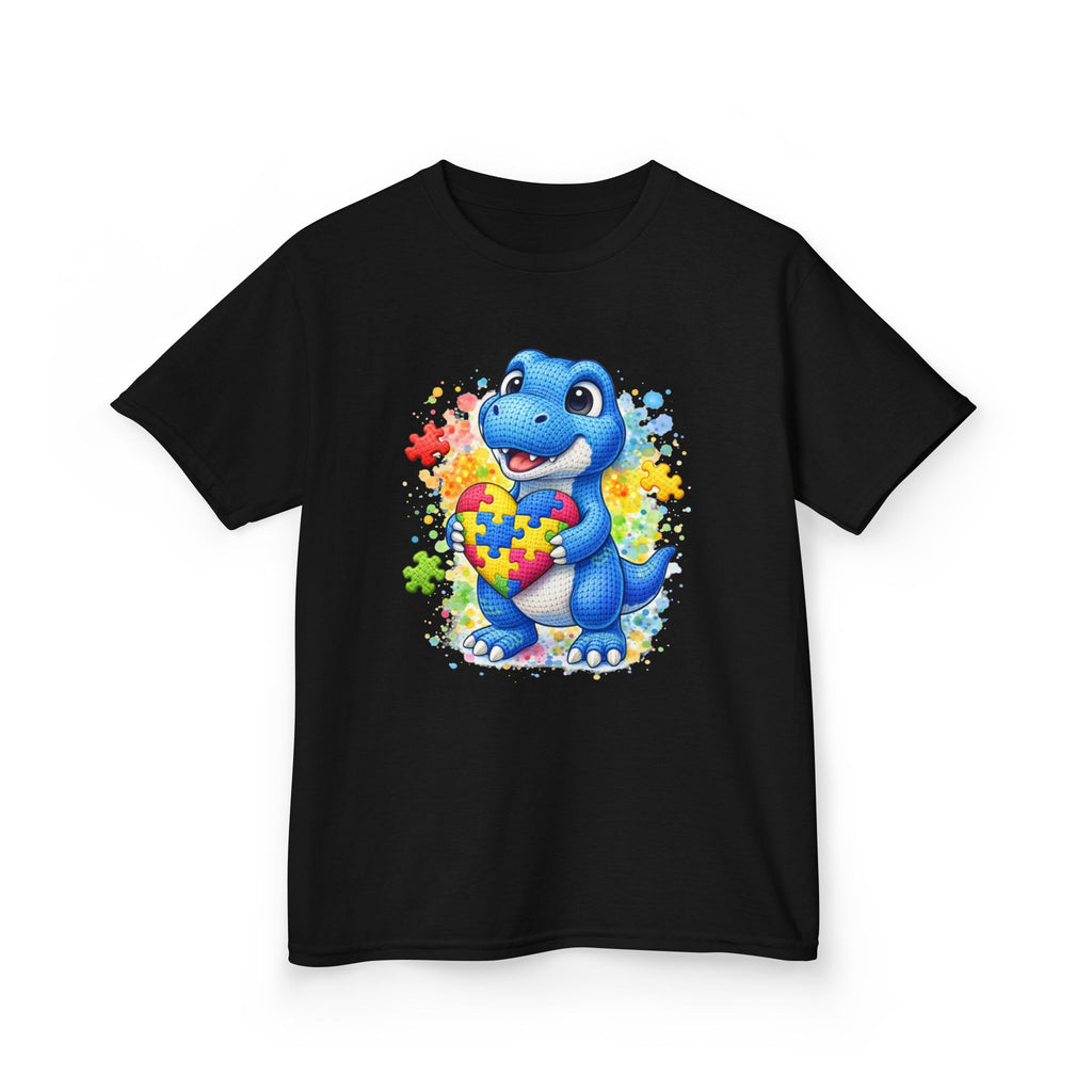 Kids T‑Shirt — Cute Blue Dinosaur Holding Puzzle Heart (Autism Awareness)