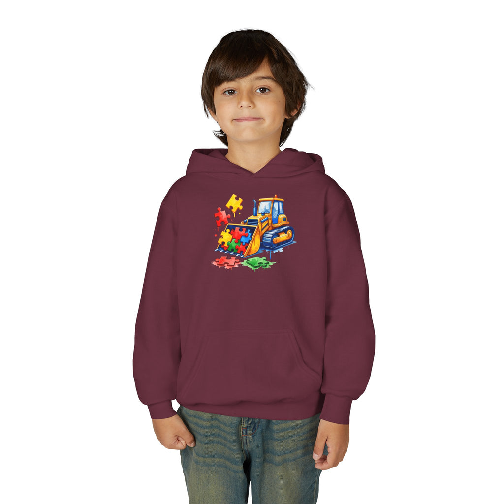 Youth Puzzle Bulldozer Hoodie — Kids Construction Truck Sweatshirt