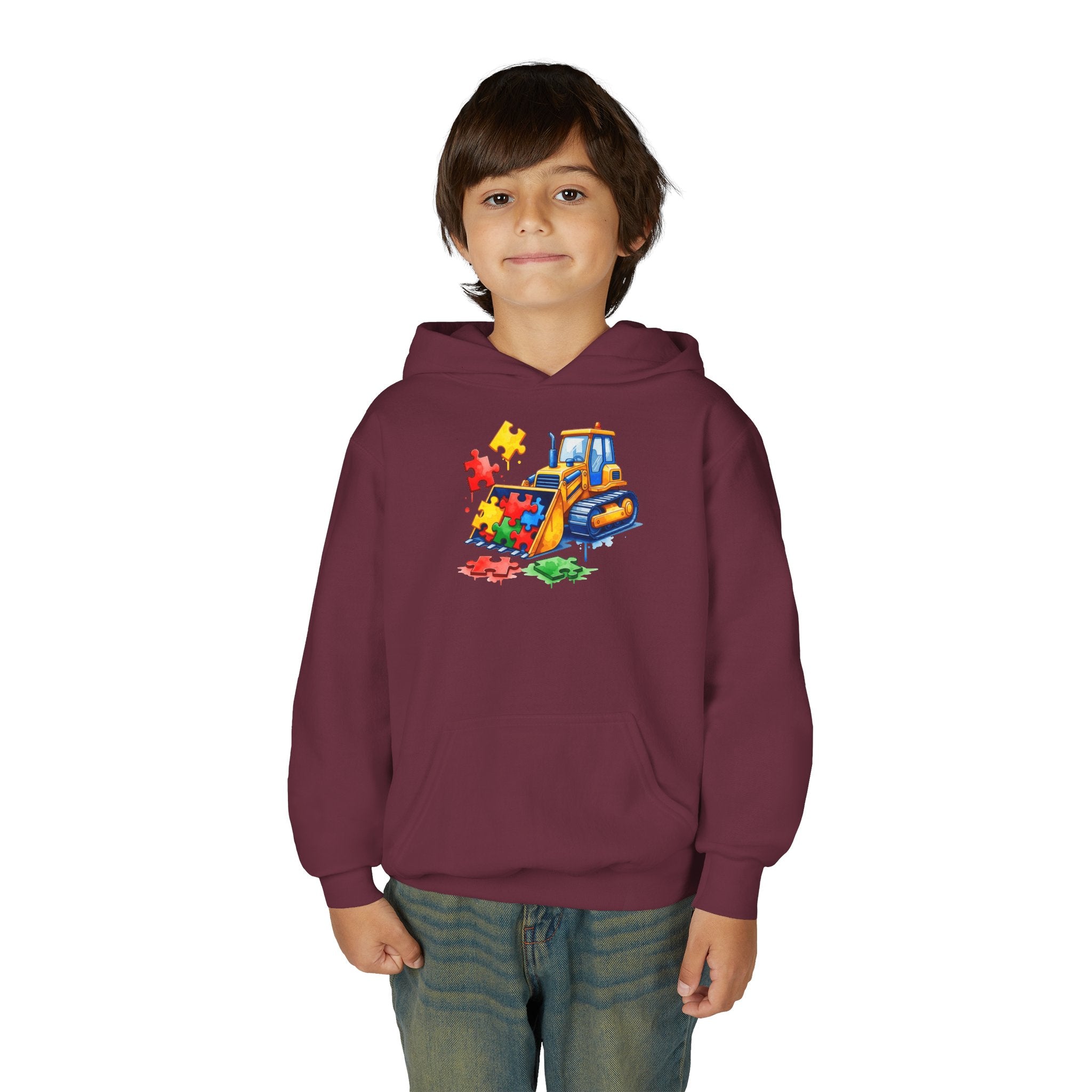 Youth Puzzle Bulldozer Hoodie — Kids Construction Truck Sweatshirt