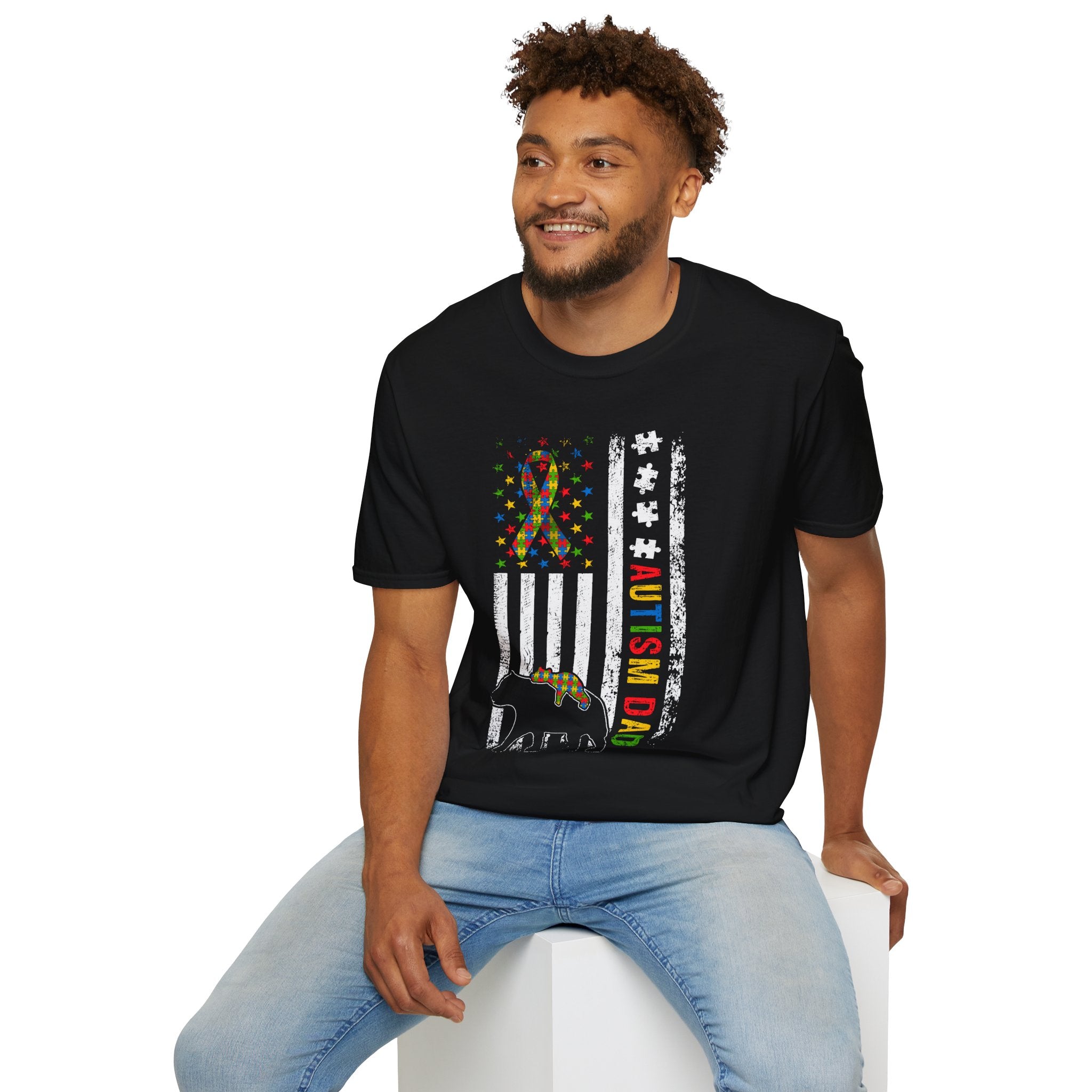 Autism Dad Flag T-Shirt — Puzzle Ribbon Elephant Pride Tee