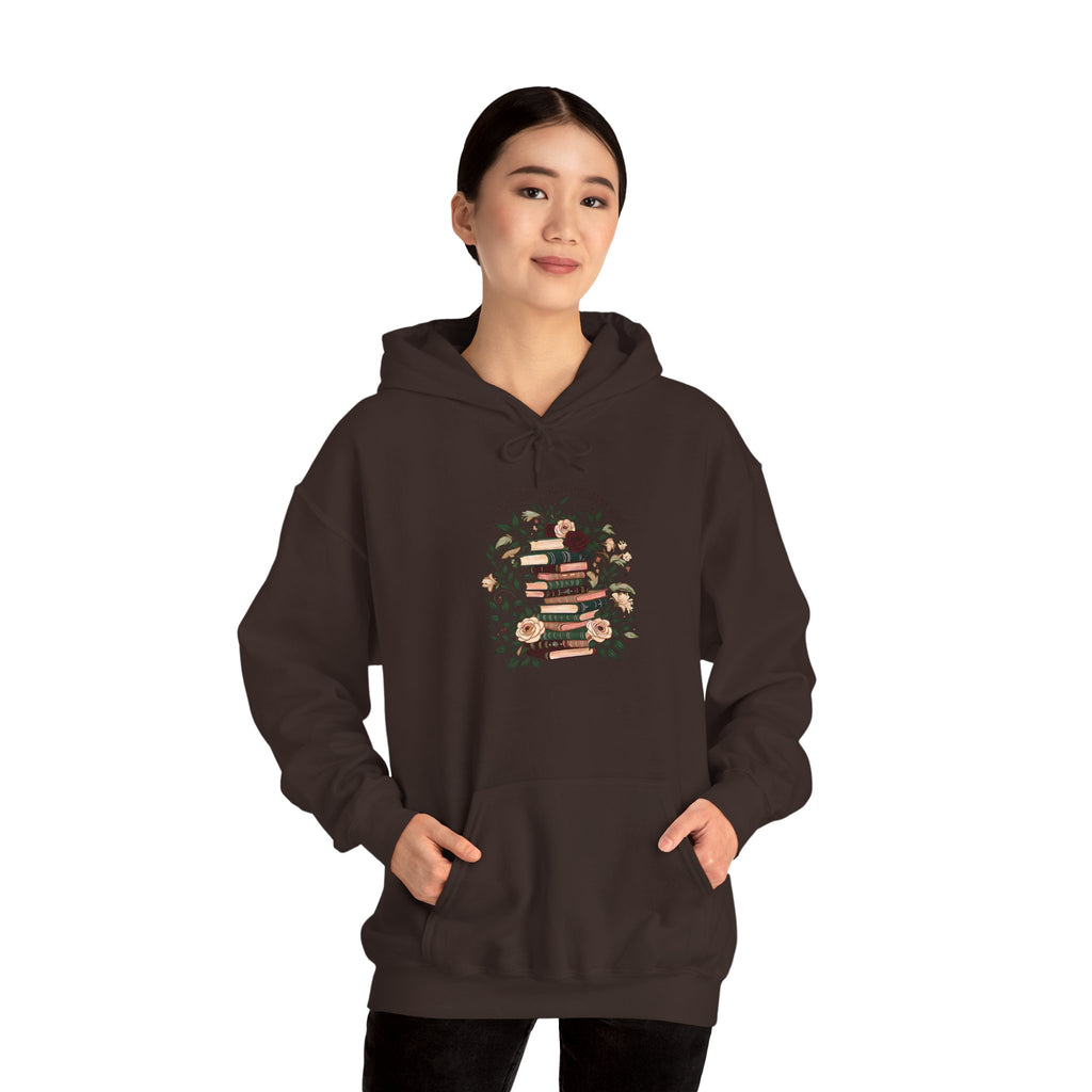 Cozy Reading Stack Hoodie — Floral Bookshelf Design