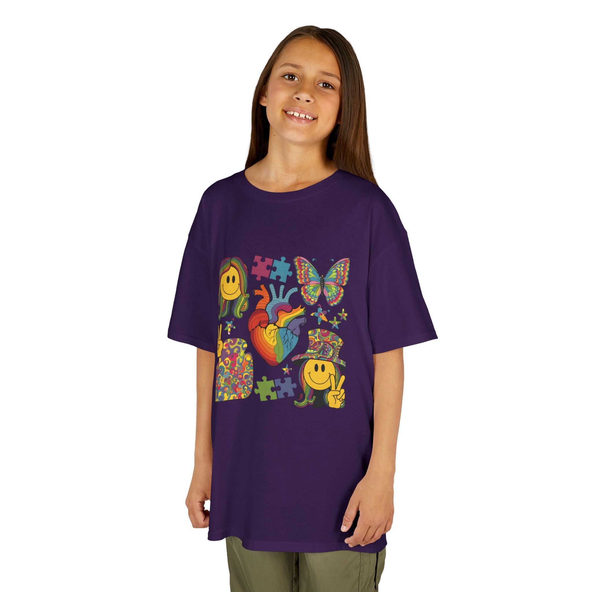 Kids Tee — Colorful Psychedelic Smiley & Puzzle Heart Graphic