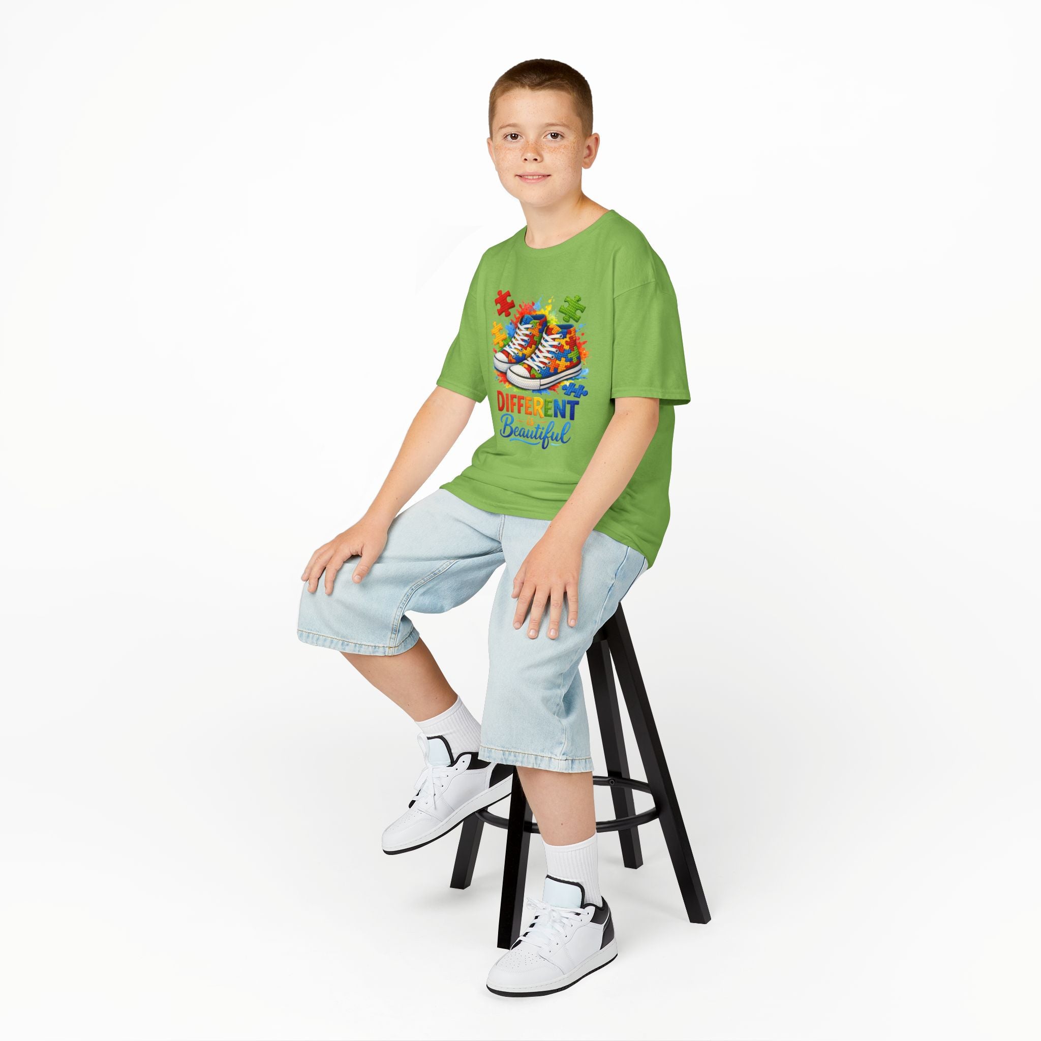 Kids T‑Shirt — 'Different Beautiful' Autism Awareness Sneakers Design