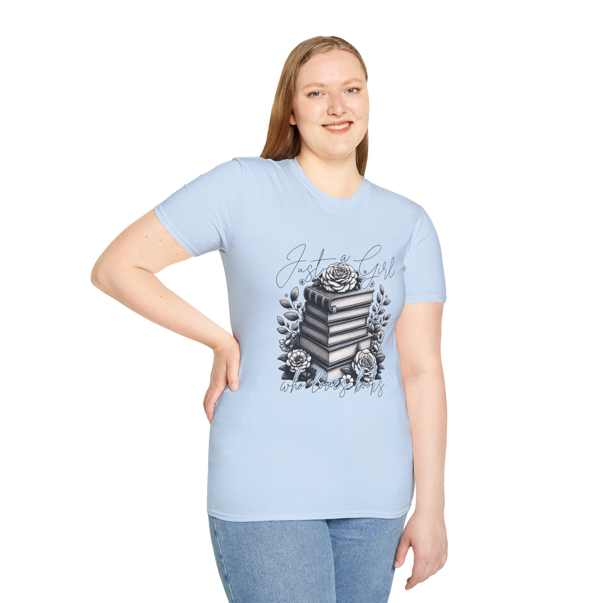 Book Lover T-Shirt — "Just a Girl Who Loves Books" Floral Stack Design