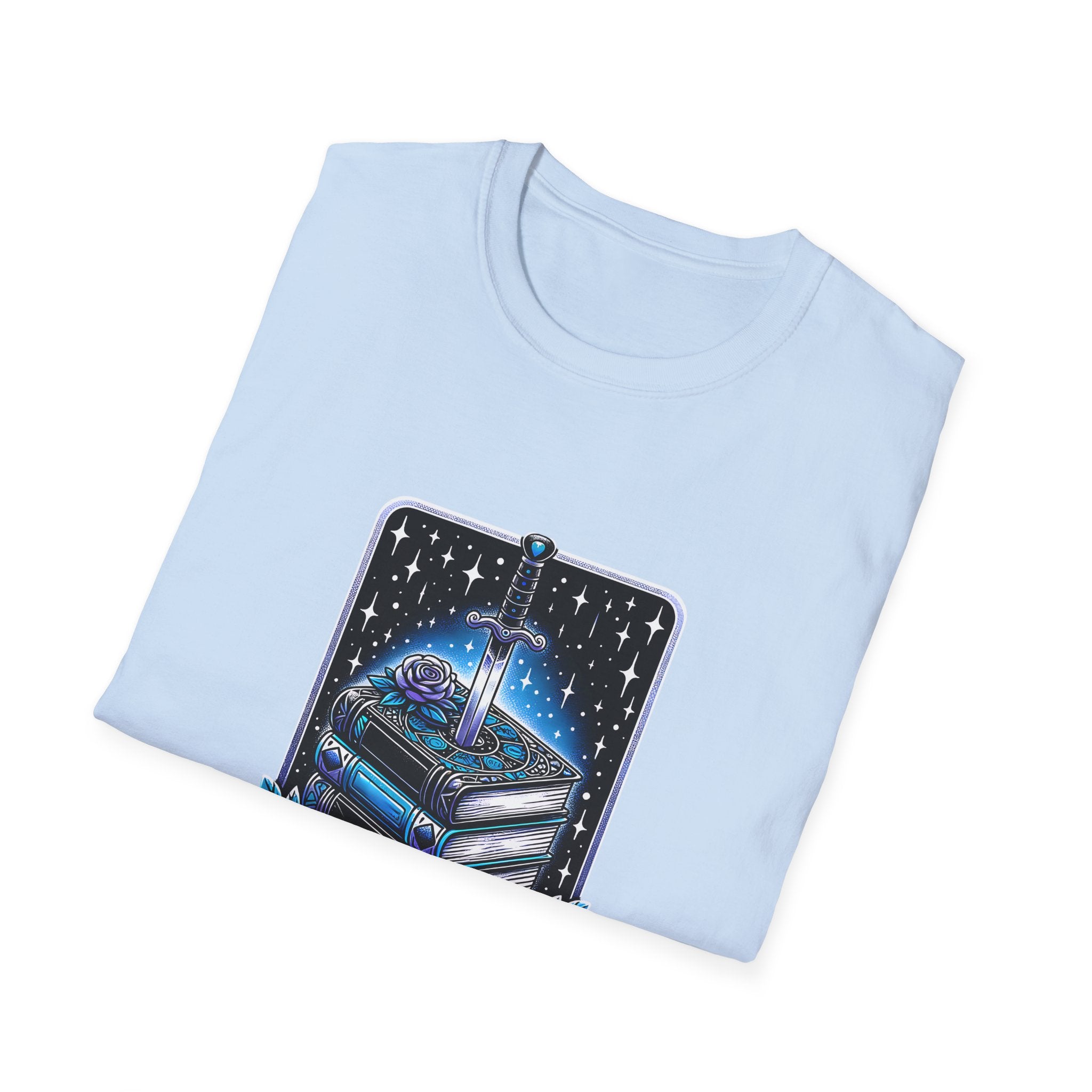 Fantasy Book Club T-Shirt — Stacked Books & Sword Night Sky Design