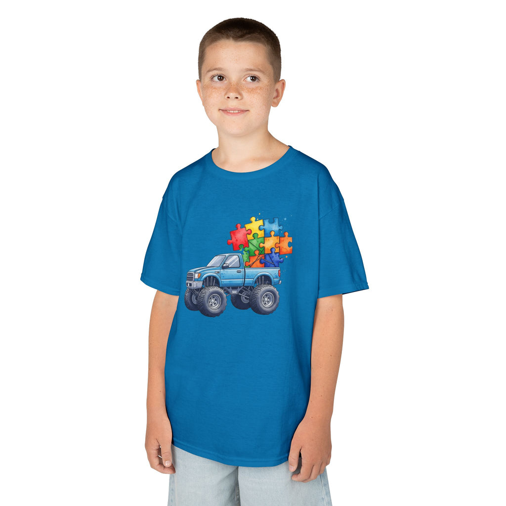 Kids Monster Truck Autism Awareness T‑Shirt — Puzzle Piece Ride
