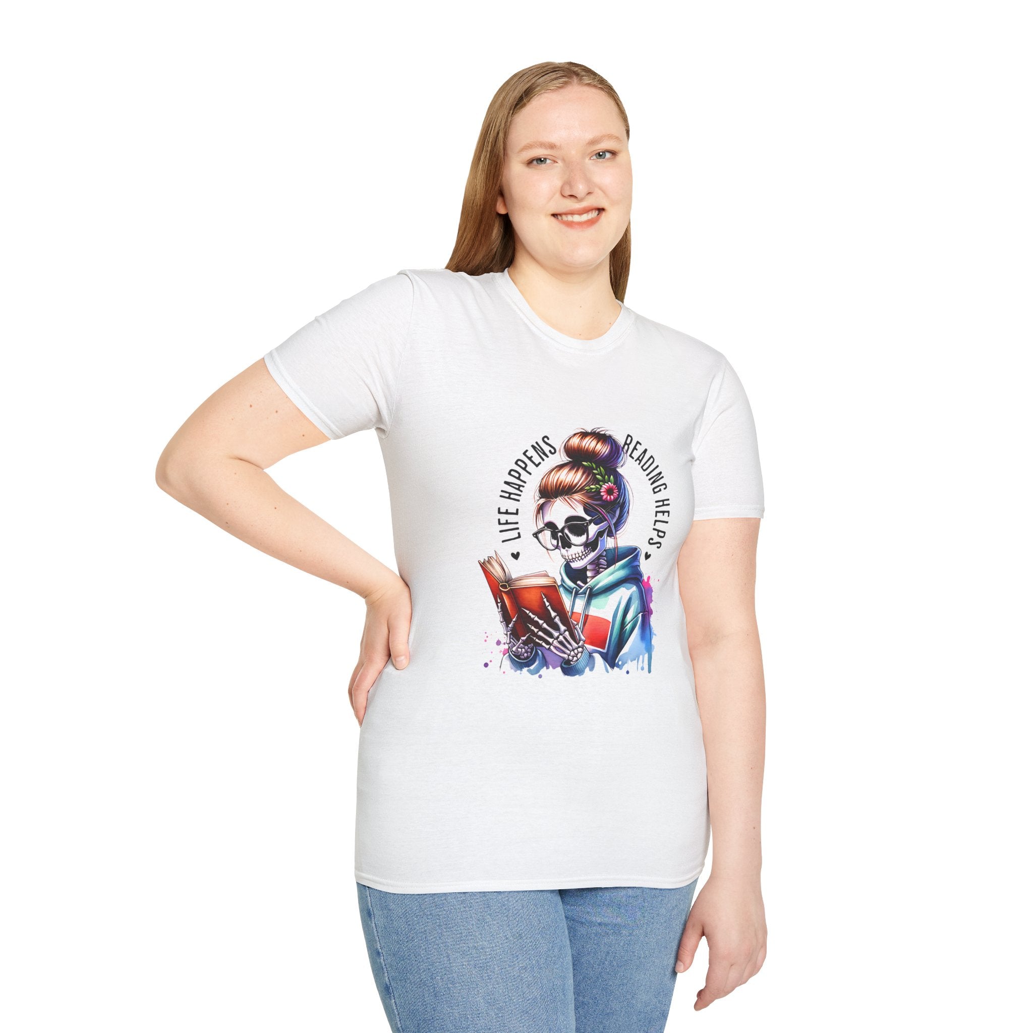 Reading Skull T-Shirt — "Life Happens, Reading Help" Gothic Booklover Tee