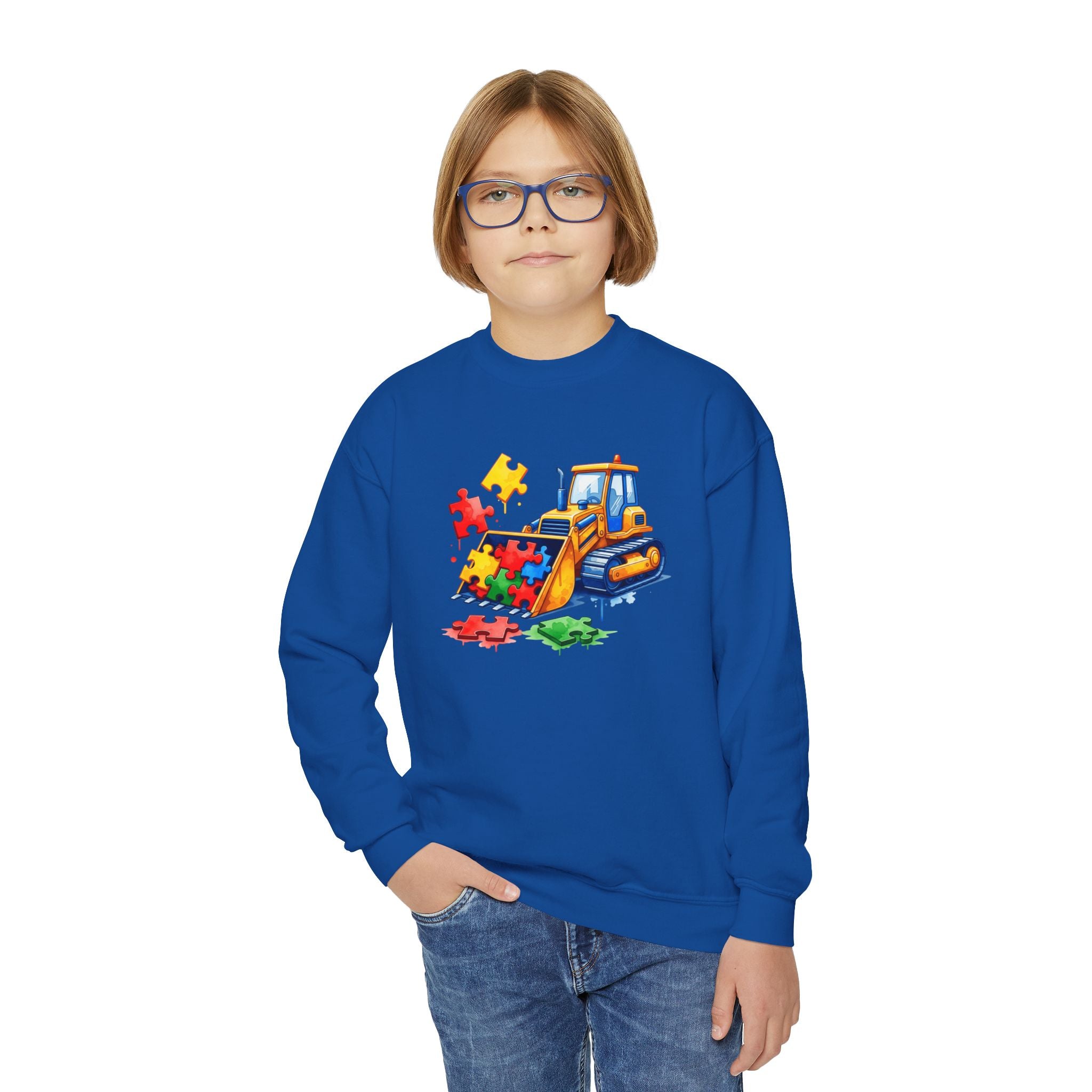 Kids Bulldozer Autism Puzzle Crewneck Sweatshirt