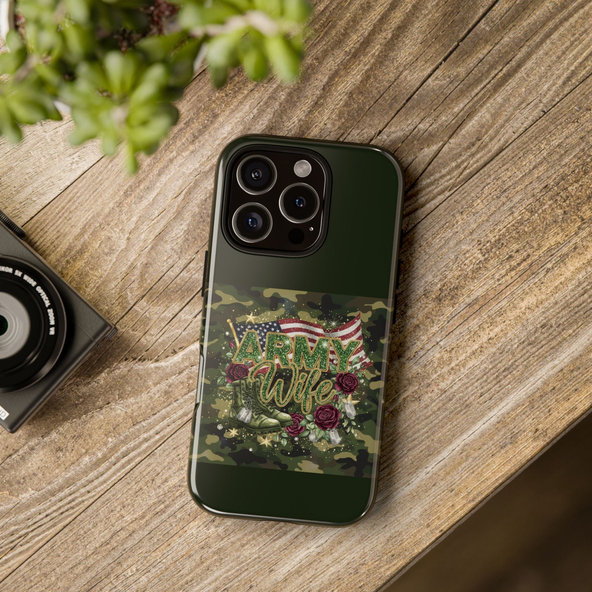 Army Wife Tough Phone Case — Camo Flag Design with Roses