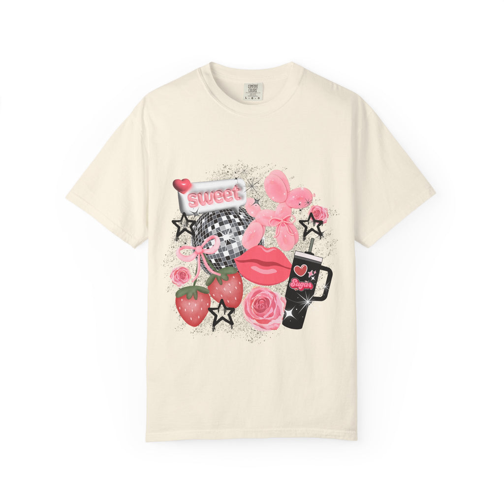 Sweet Kitsch Graphic T-Shirt — Pink Hearts, Lips & Strawberry Design