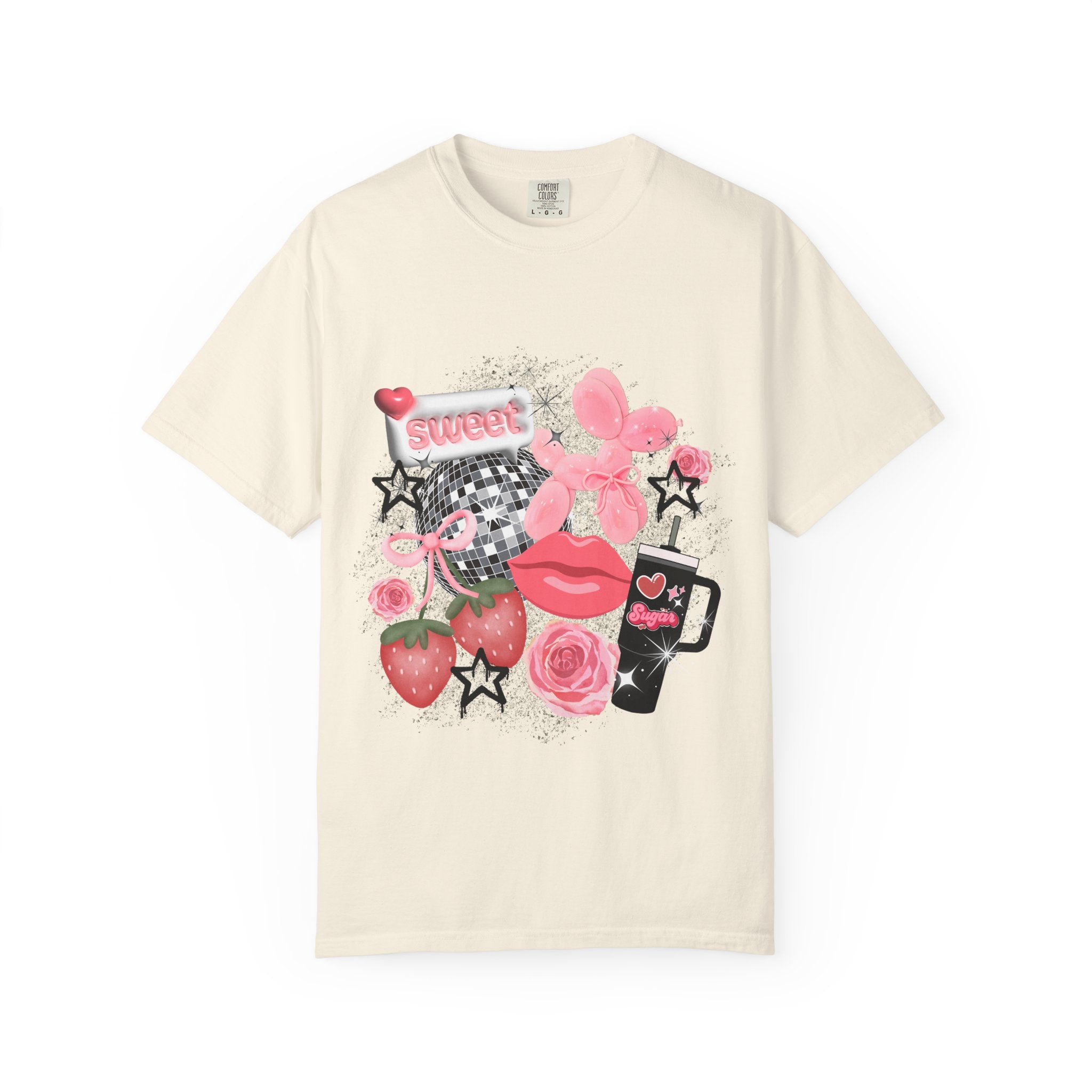 Sweet Kitsch Graphic T-Shirt — Pink Hearts, Lips & Strawberry Design