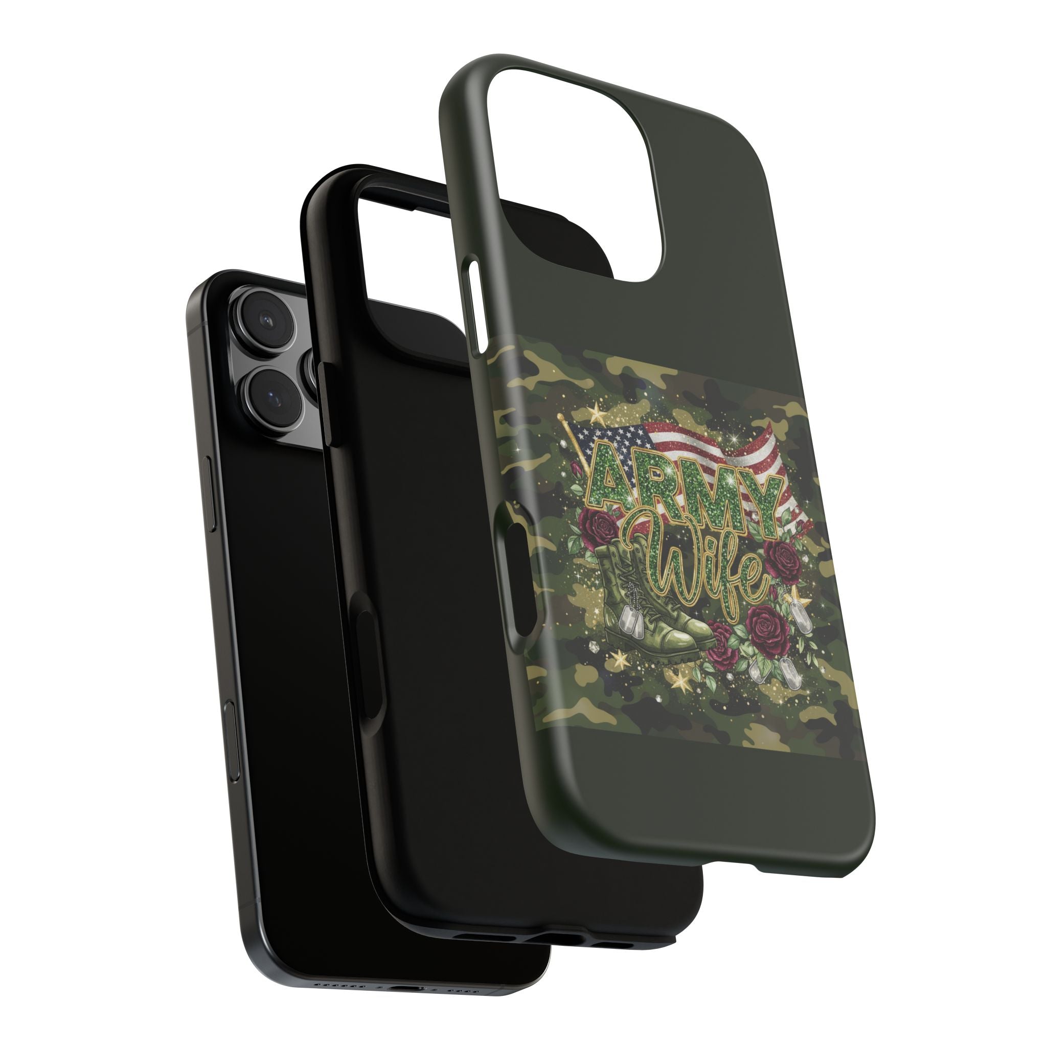 Army Wife Tough Phone Case — Camo Flag Design with Roses
