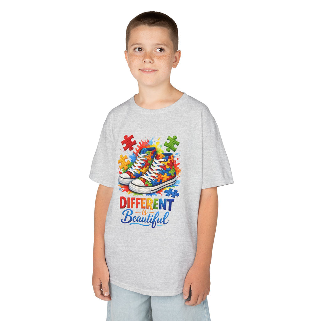Kids T‑Shirt — 'Different Beautiful' Autism Awareness Sneakers Design