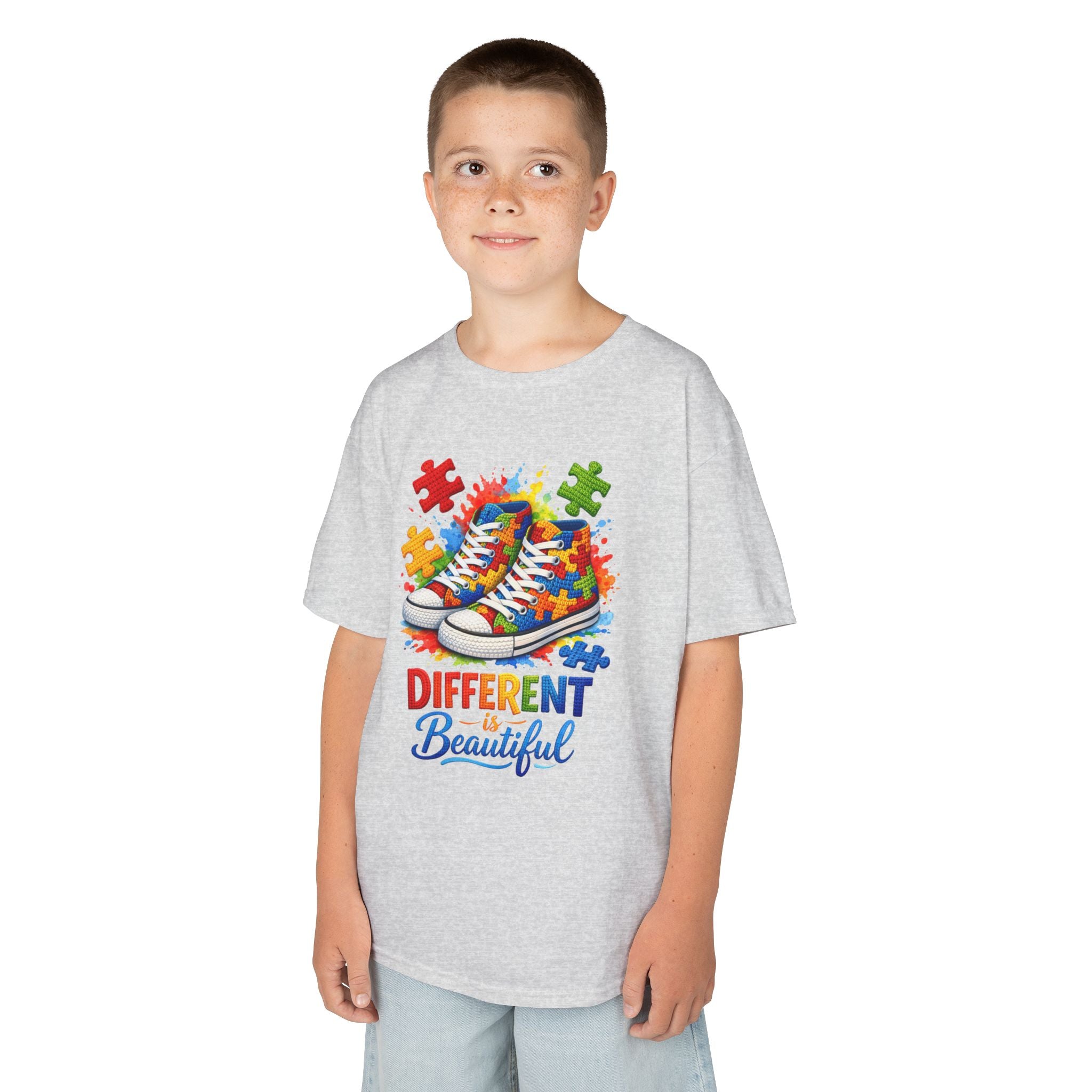 Kids T‑Shirt — 'Different Beautiful' Autism Awareness Sneakers Design