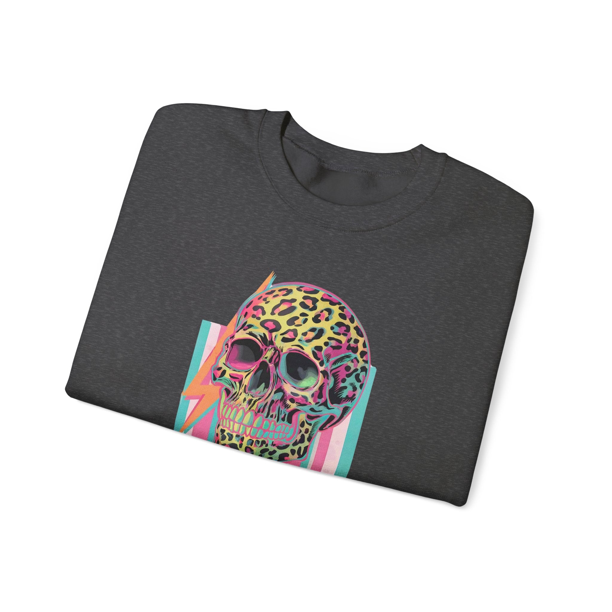 Stressed Since Birth Skull Crewneck Sweatshirt — Retro Neon Leopard Skull Pullover