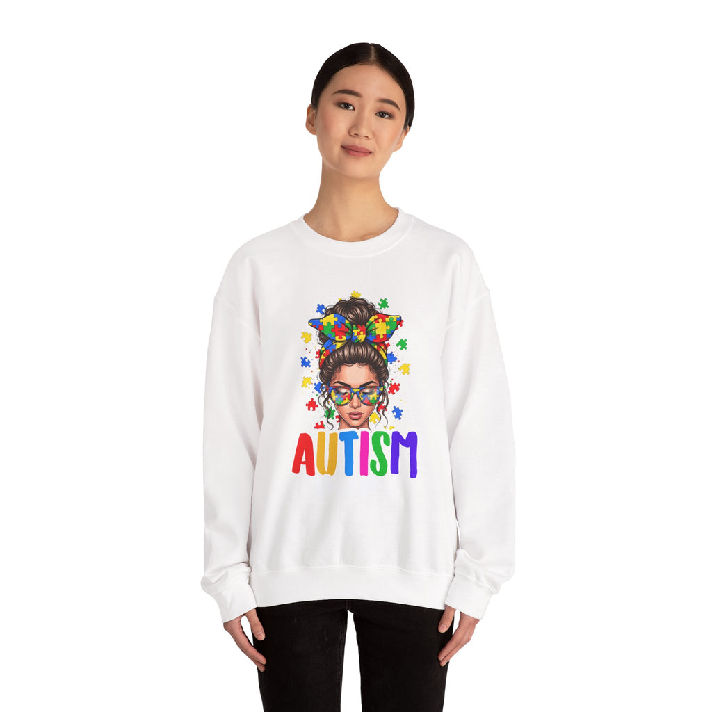Autism Pride Crewneck Sweatshirt – Colorful Puzzle Ribbon Girl Design