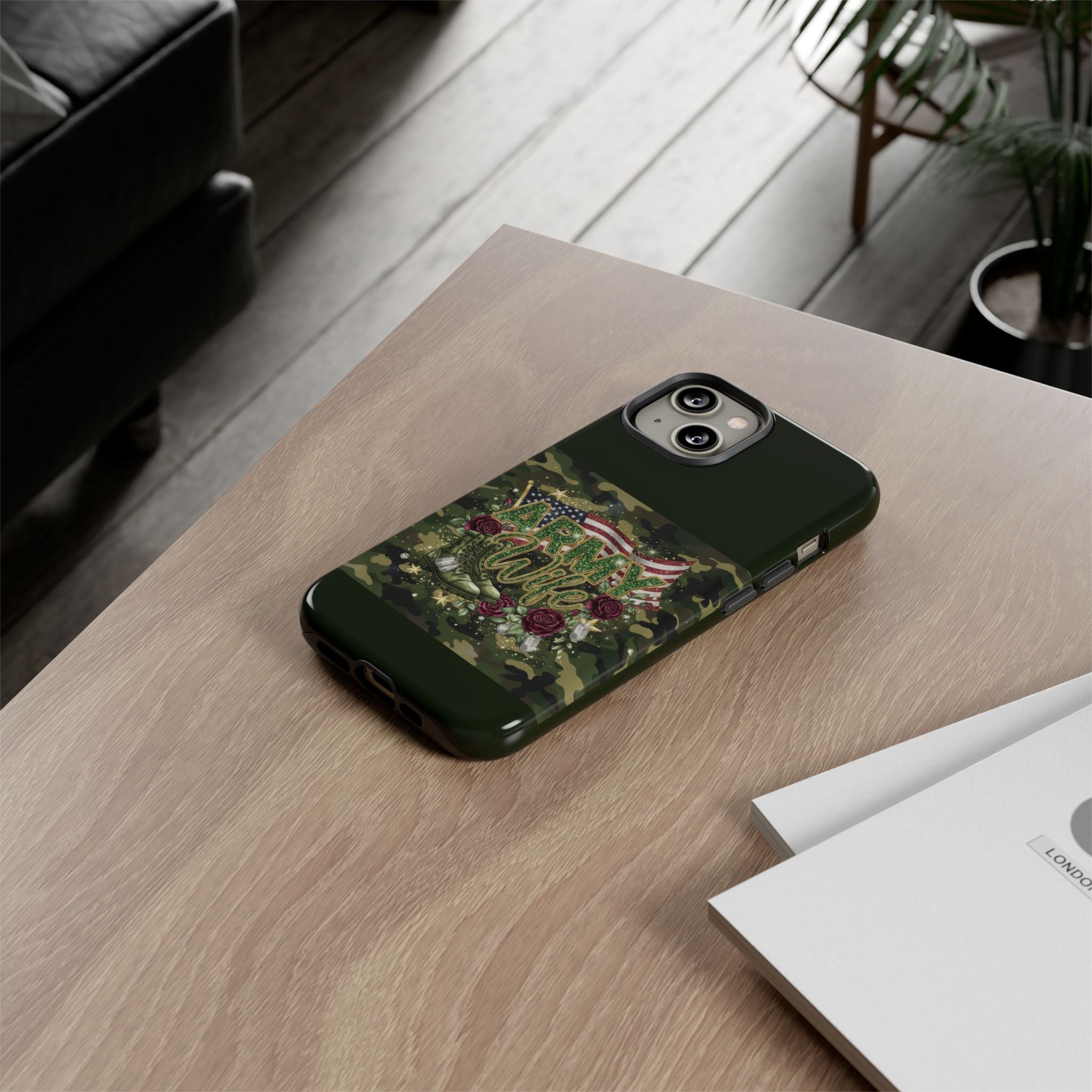 Army Wife Tough Phone Case — Camo Flag Design with Roses