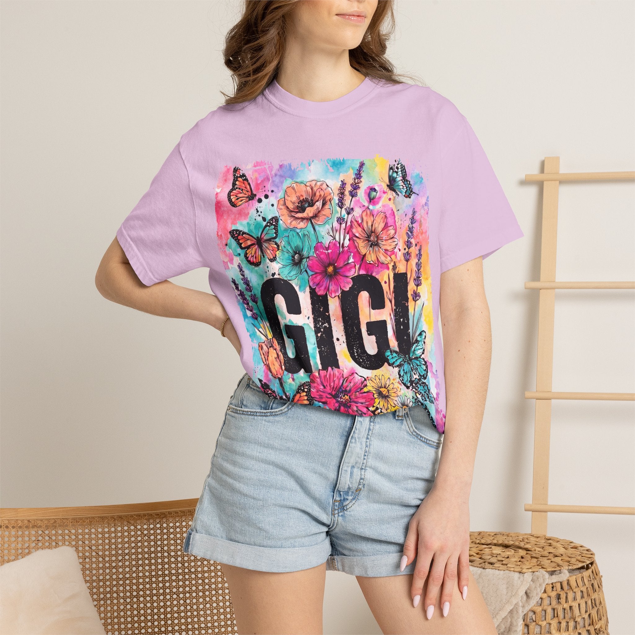 Gigi Floral Graphic T-Shirt — Colorful Butterflies & Flowers Gift Tee