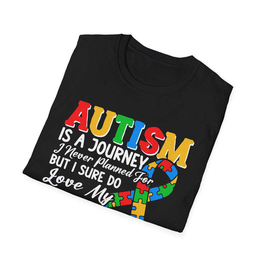 Autism Mom T-Shirt – “Autism Is a Journey…I Love My Tour Guide” Puzzle Ribbon Tee