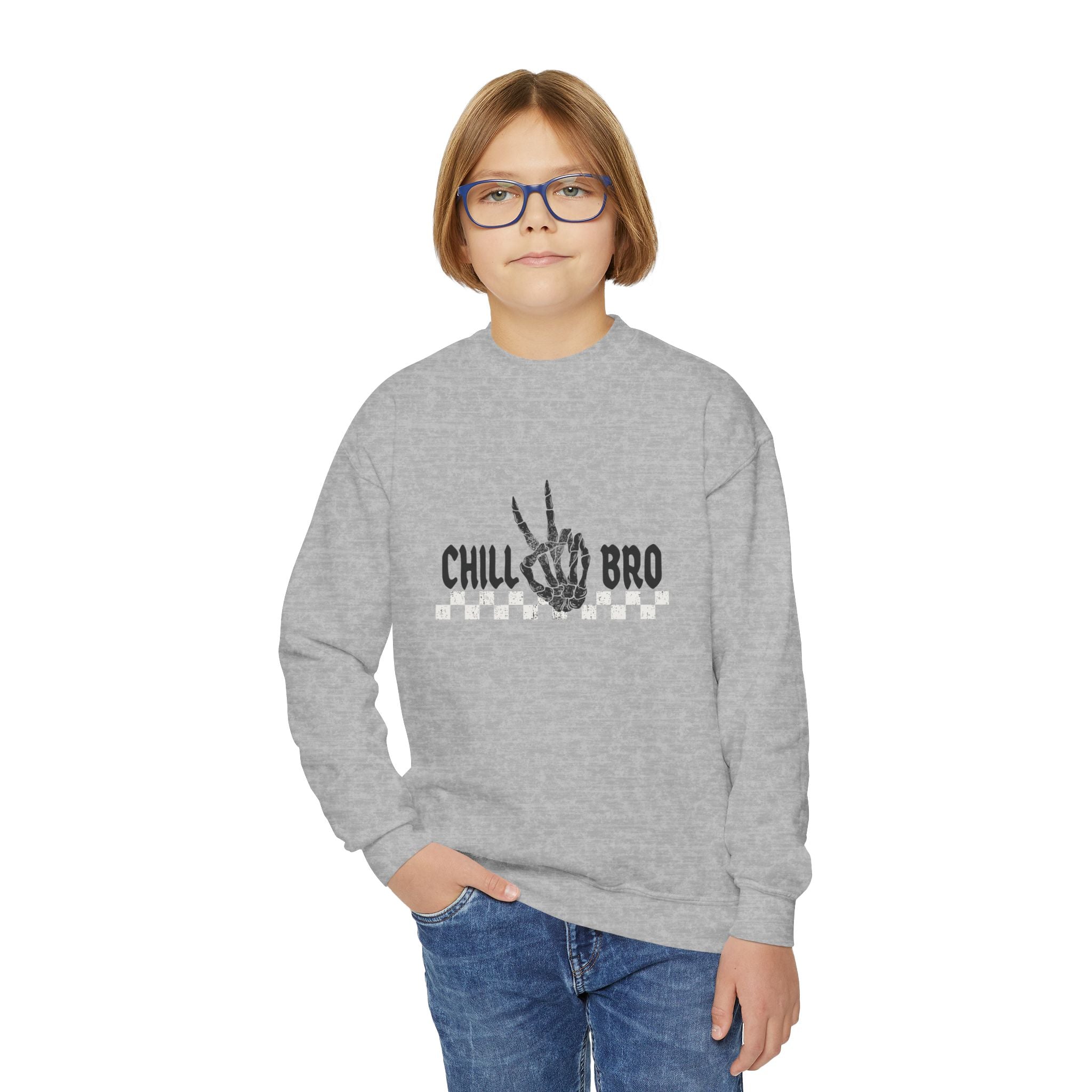 Youth Crewneck Sweatshirt — "Chill Bro" Skeleton Hand Graphic