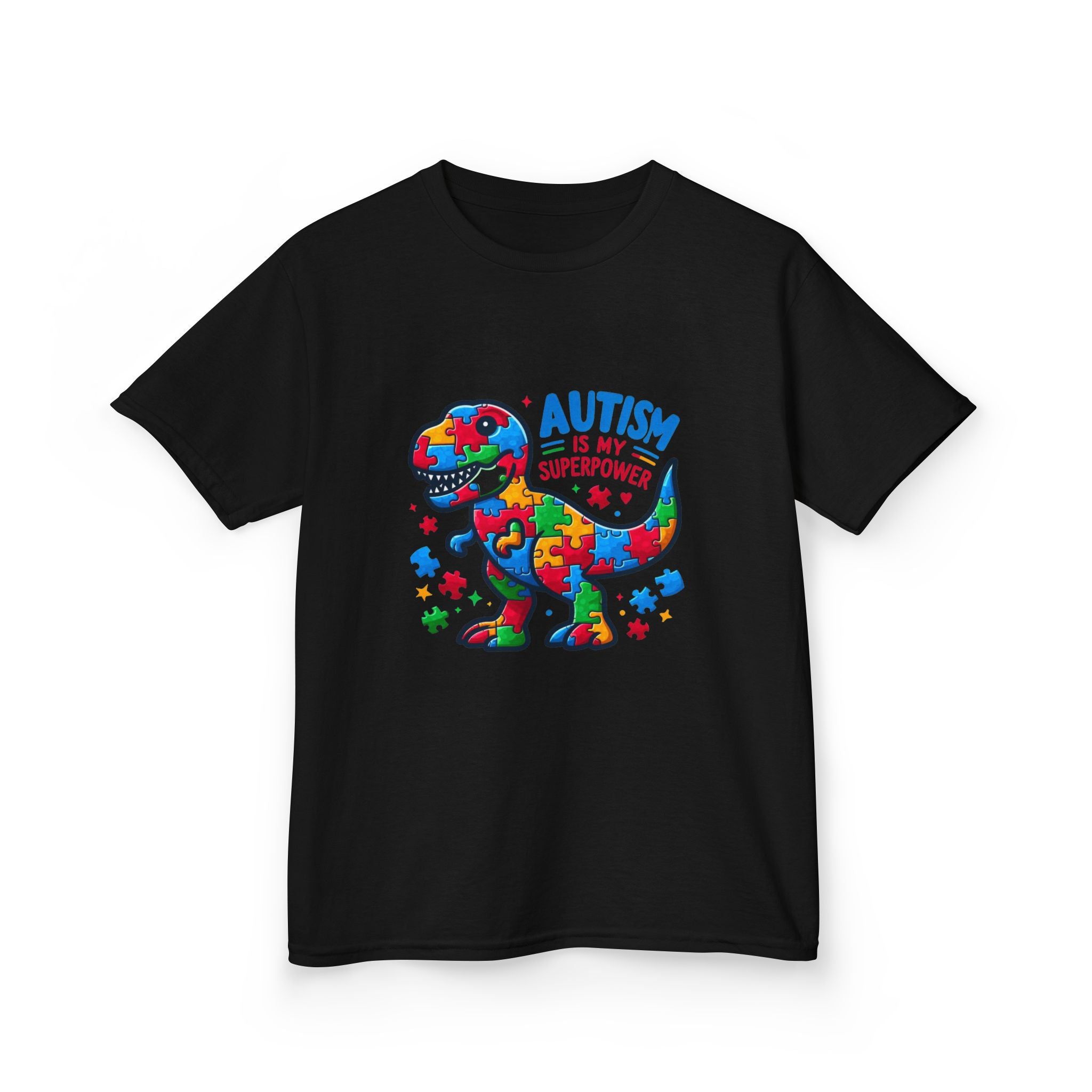Kids T-Shirt — 'Autism is My Superpower' Puzzle Dinosaur Tee
