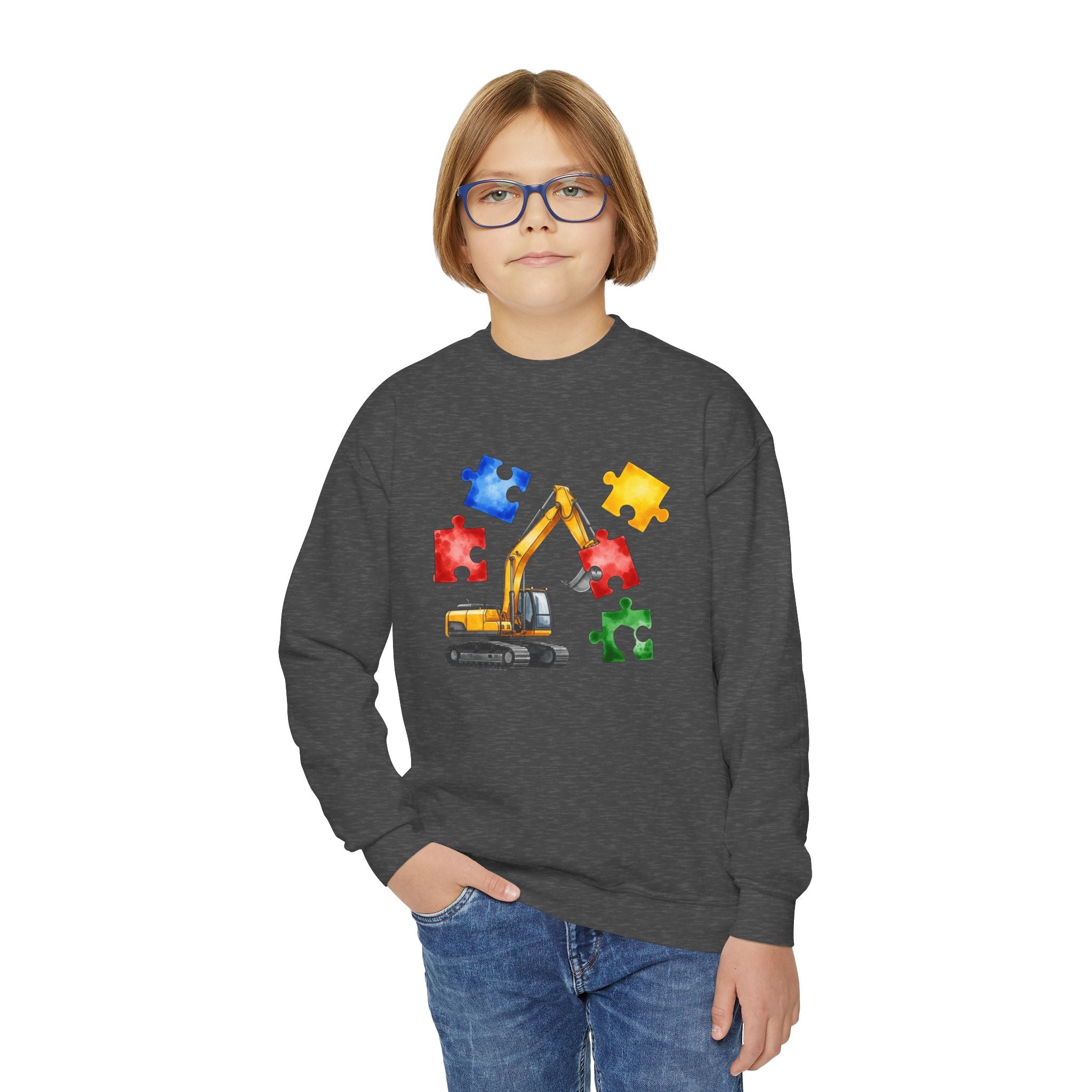 Kids Excavator Puzzle Crewneck Sweatshirt — Construction Autism Awareness