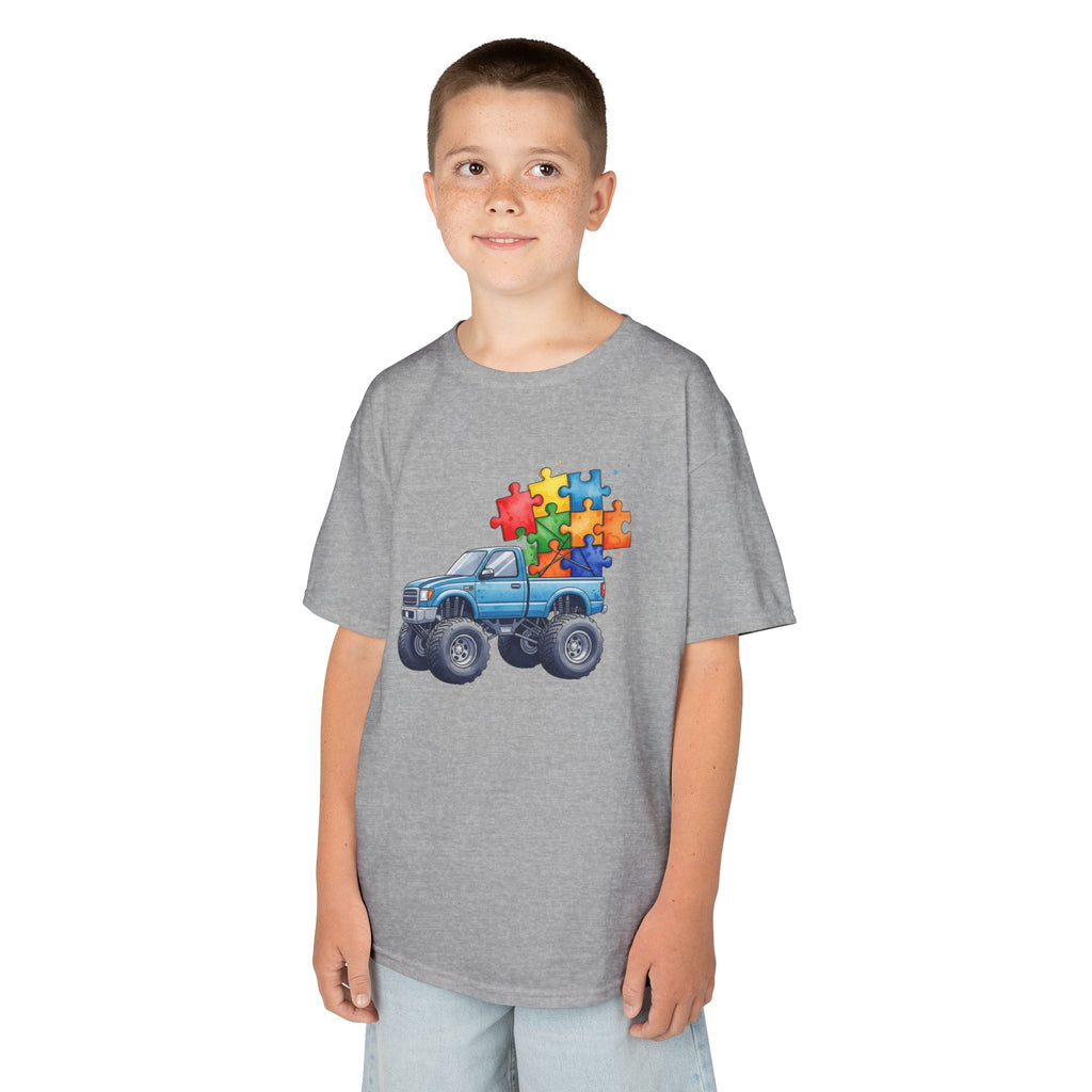 Kids Monster Truck Autism Awareness T‑Shirt — Puzzle Piece Ride