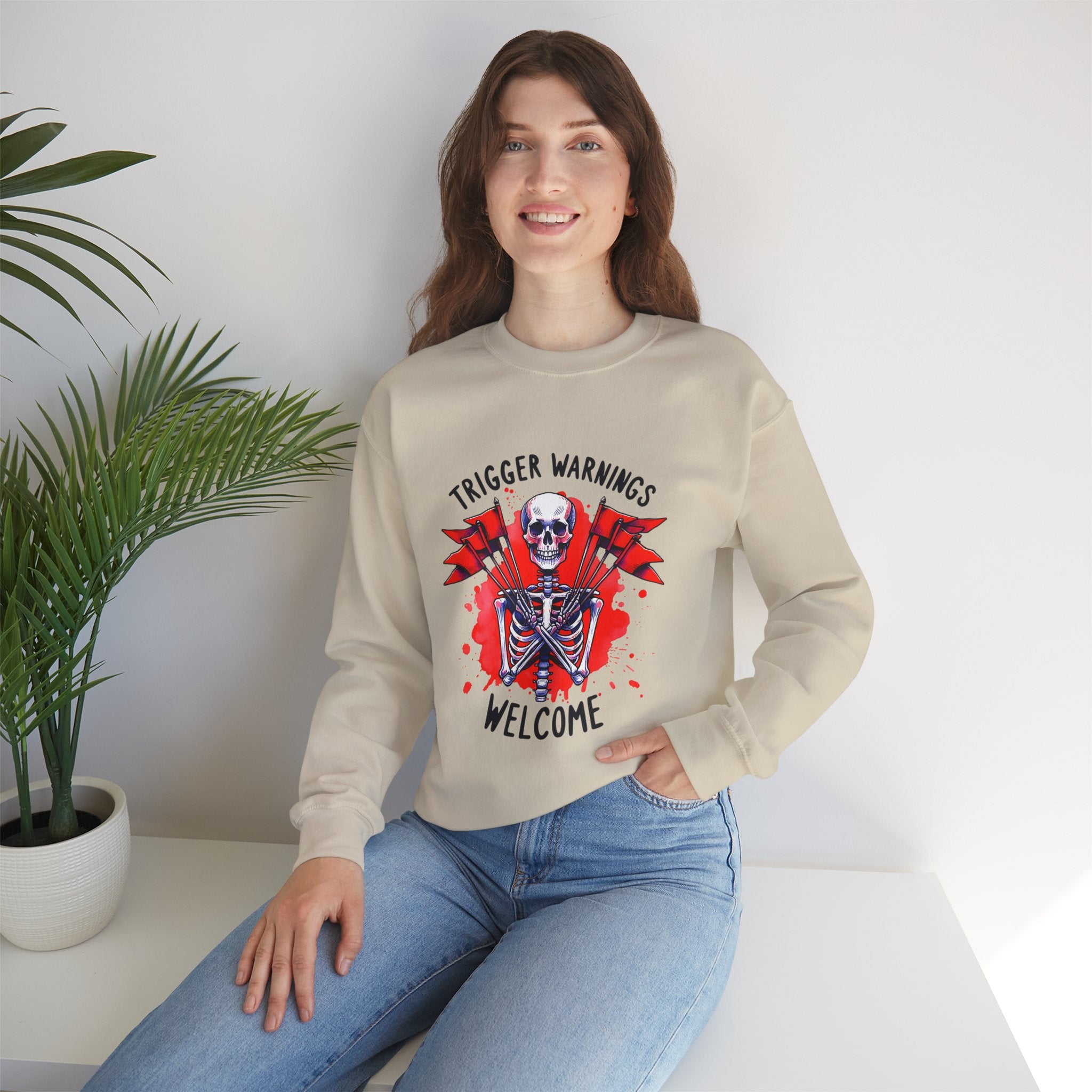 Skeleton Graphic Sweatshirt — "Trigger Warnings Welcome" Gothic Crewneck