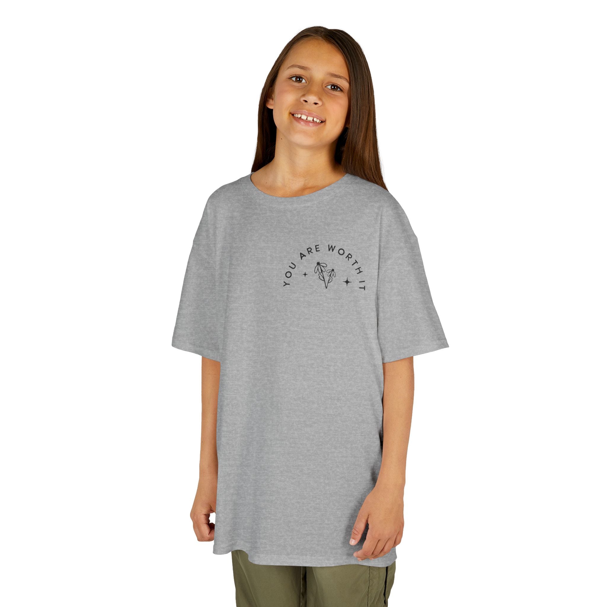 Kids Tee — “You Are Worth It” Minimal Floral Comfort Shirt