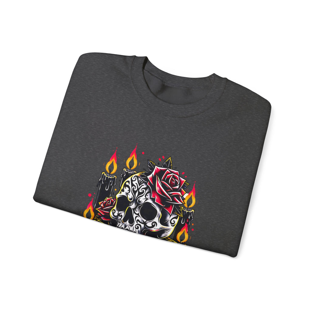 Skull & Rose Candle Crewneck Sweatshirt — Gothic Vintage Tattoo Design