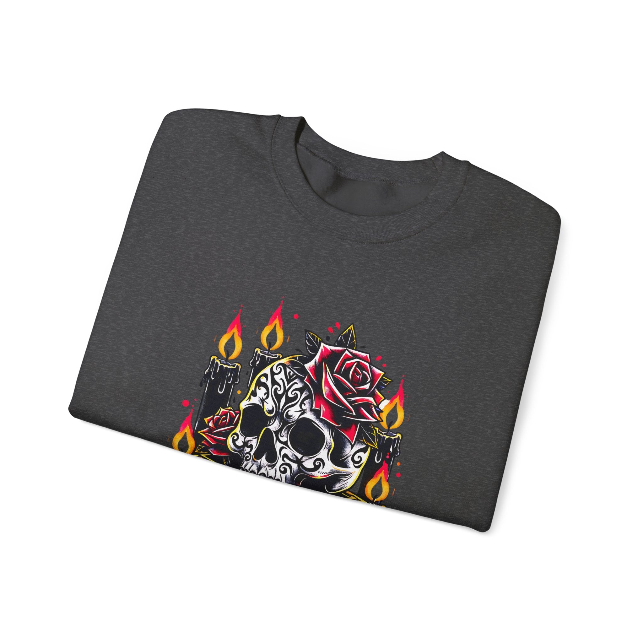 Skull & Rose Candle Crewneck Sweatshirt — Gothic Vintage Tattoo Design
