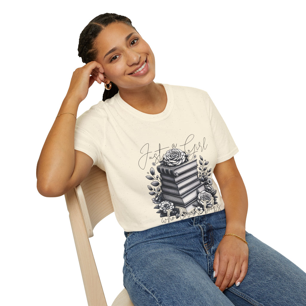 Book Lover T-Shirt — "Just a Girl Who Loves Books" Floral Stack Design