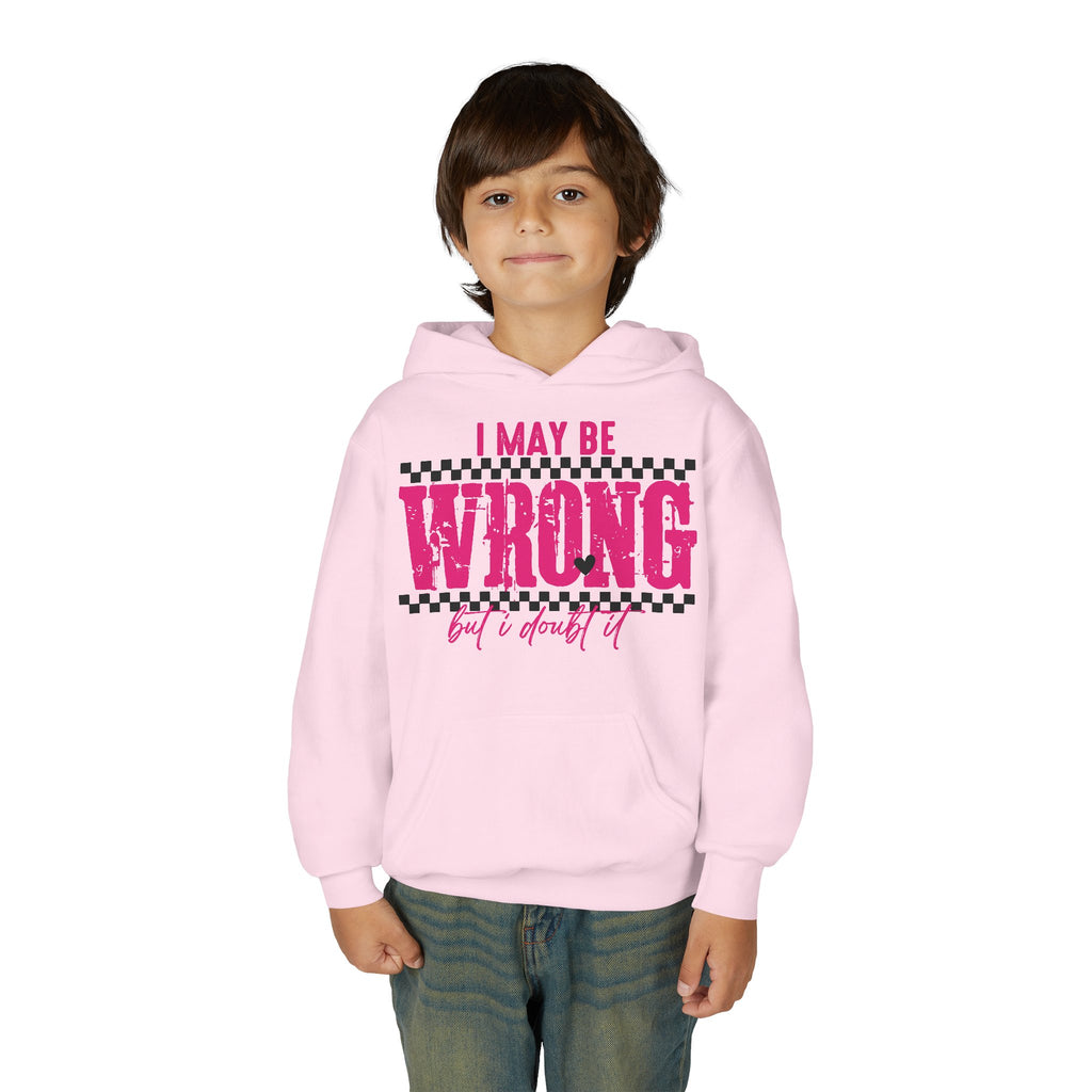 Youth Hoodie — "I May Be Wrong (But I Doubt It)" Pink Checker Graphic