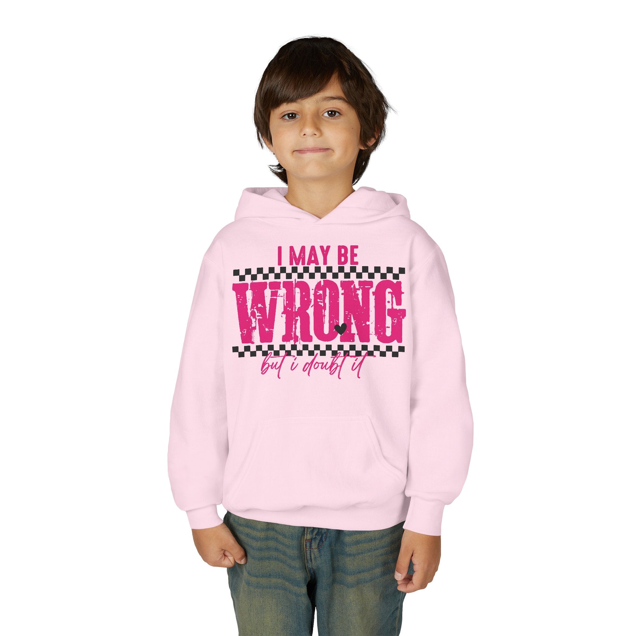 Youth Hoodie — "I May Be Wrong (But I Doubt It)" Pink Checker Graphic