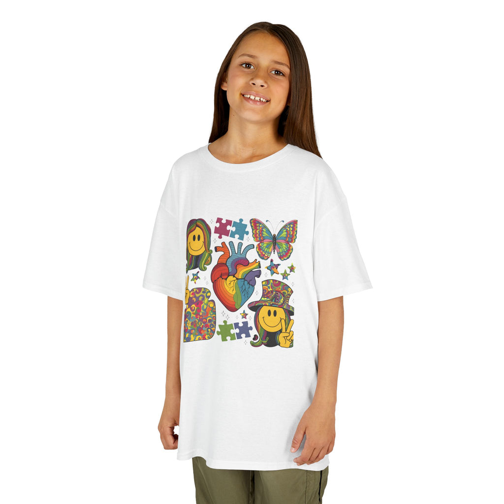 Kids Tee — Colorful Psychedelic Smiley & Puzzle Heart Graphic