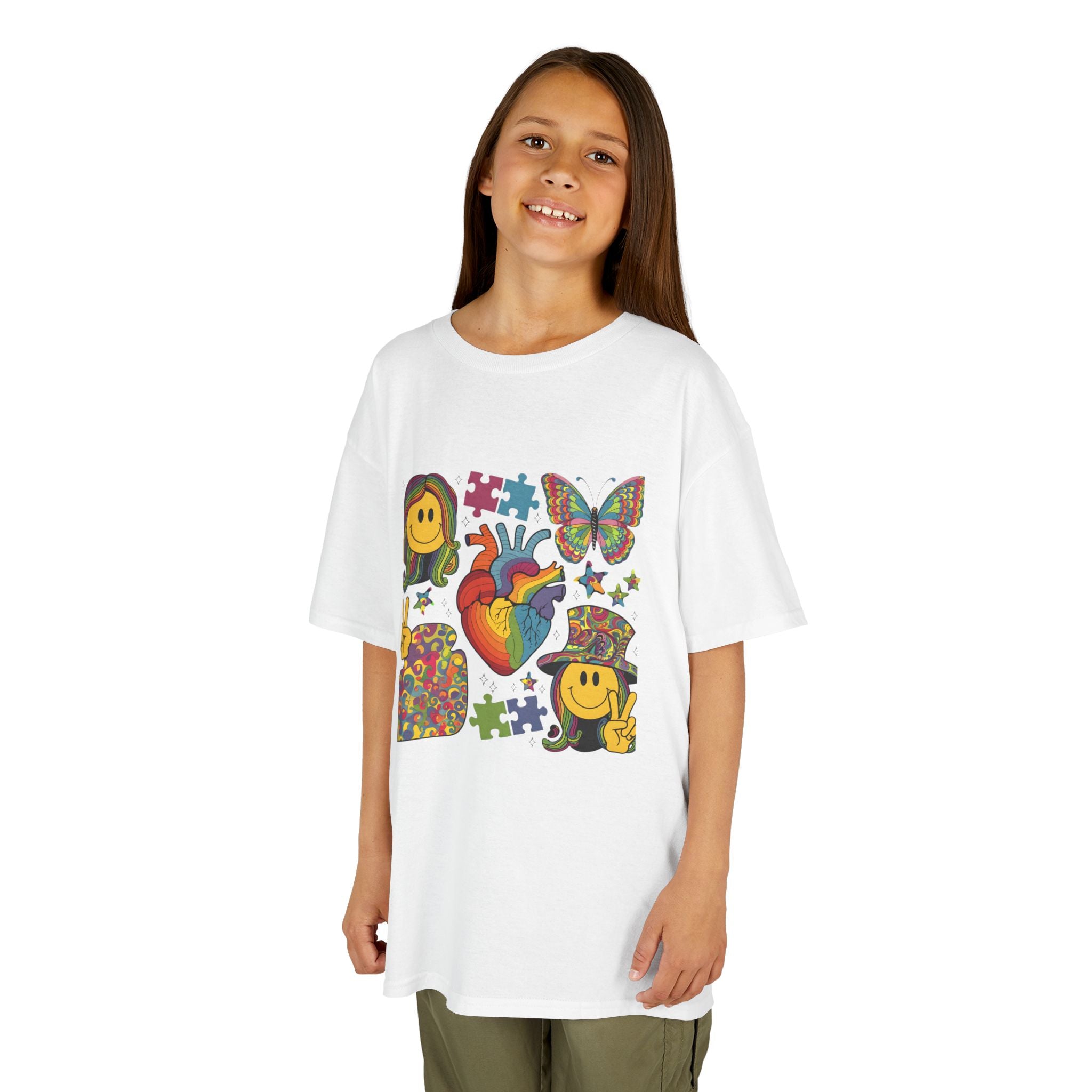 Kids Tee — Colorful Psychedelic Smiley & Puzzle Heart Graphic