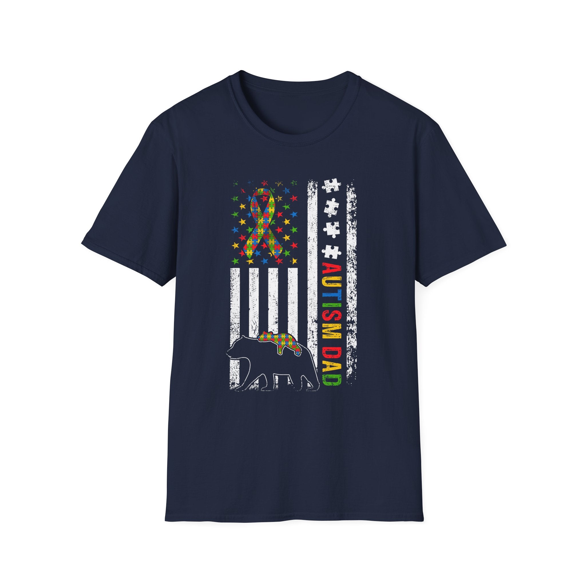 Autism Dad Flag T-Shirt — Puzzle Ribbon Elephant Pride Tee