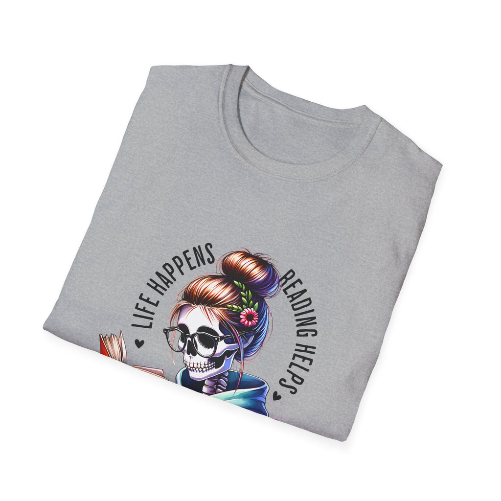 Reading Skull T-Shirt — "Life Happens, Reading Help" Gothic Booklover Tee