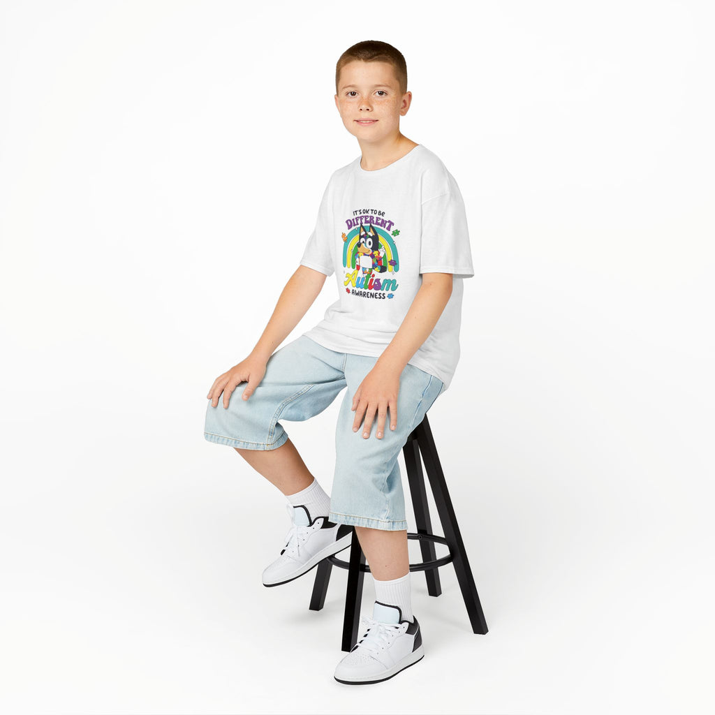 Kids Tee — "It's OK to Be Different" Autism Awareness Rainbow Design