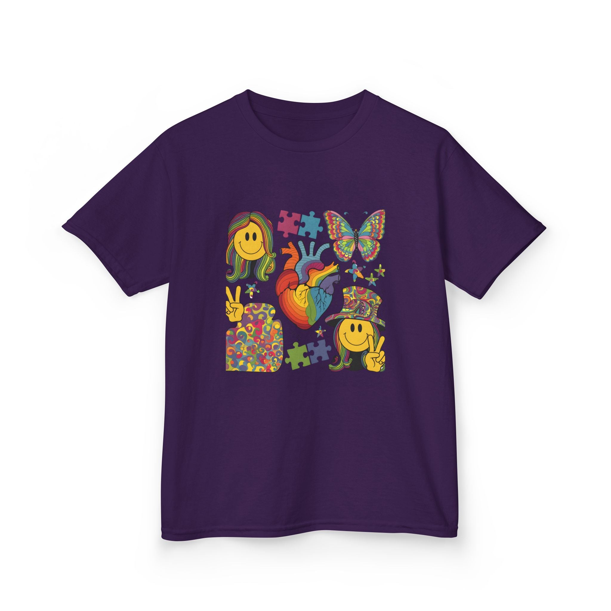 Kids Tee — Colorful Psychedelic Smiley & Puzzle Heart Graphic