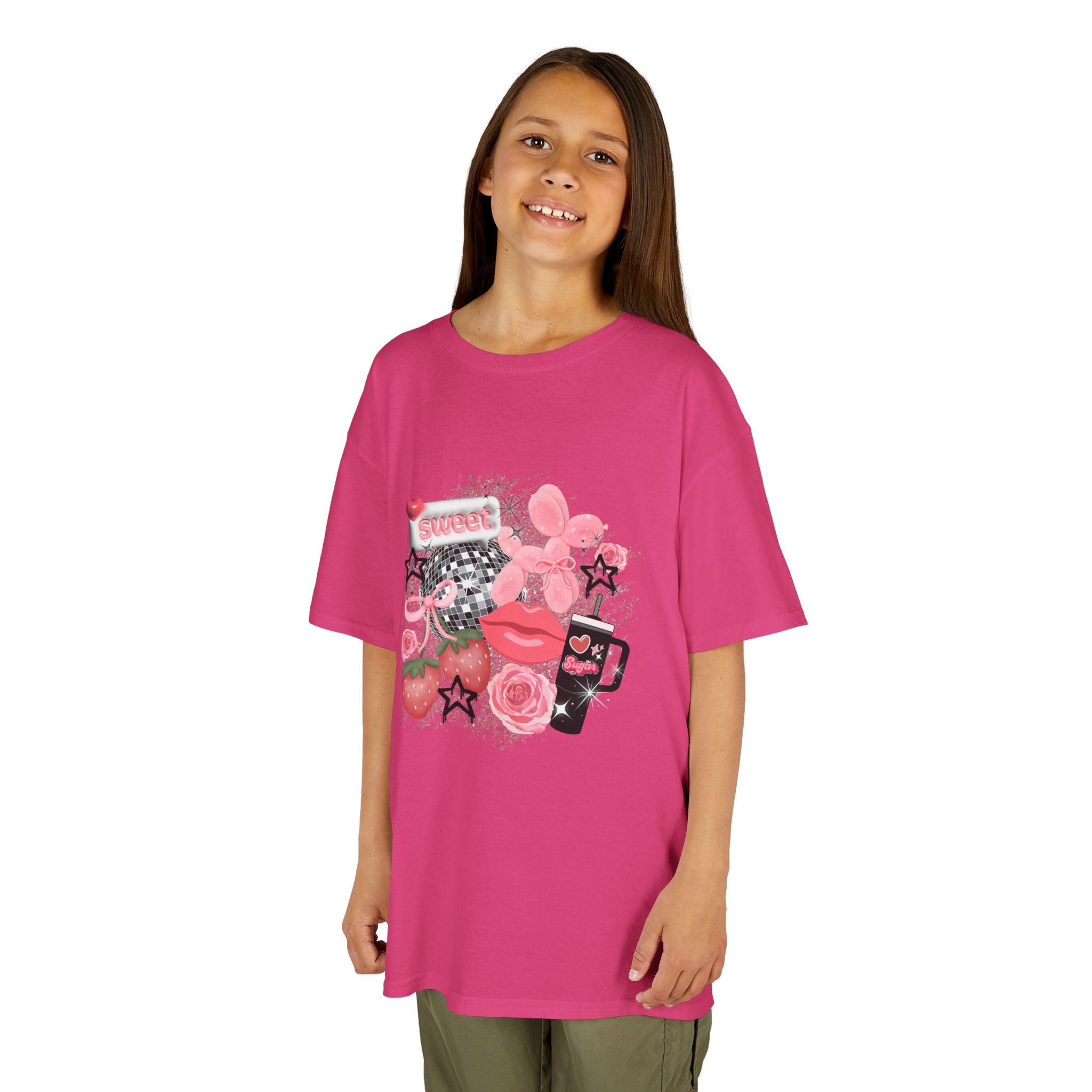 Kids Tee — Pink Floral Sticker Collage (Strawberries, Lips & Gadgets)