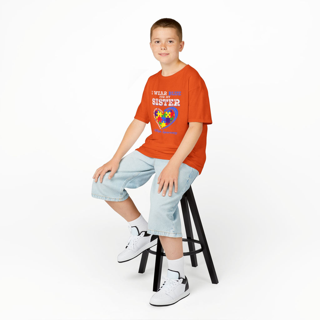 Autism Awareness Kids Tee — "I Wear Blue For My Sister" Puzzle Heart
