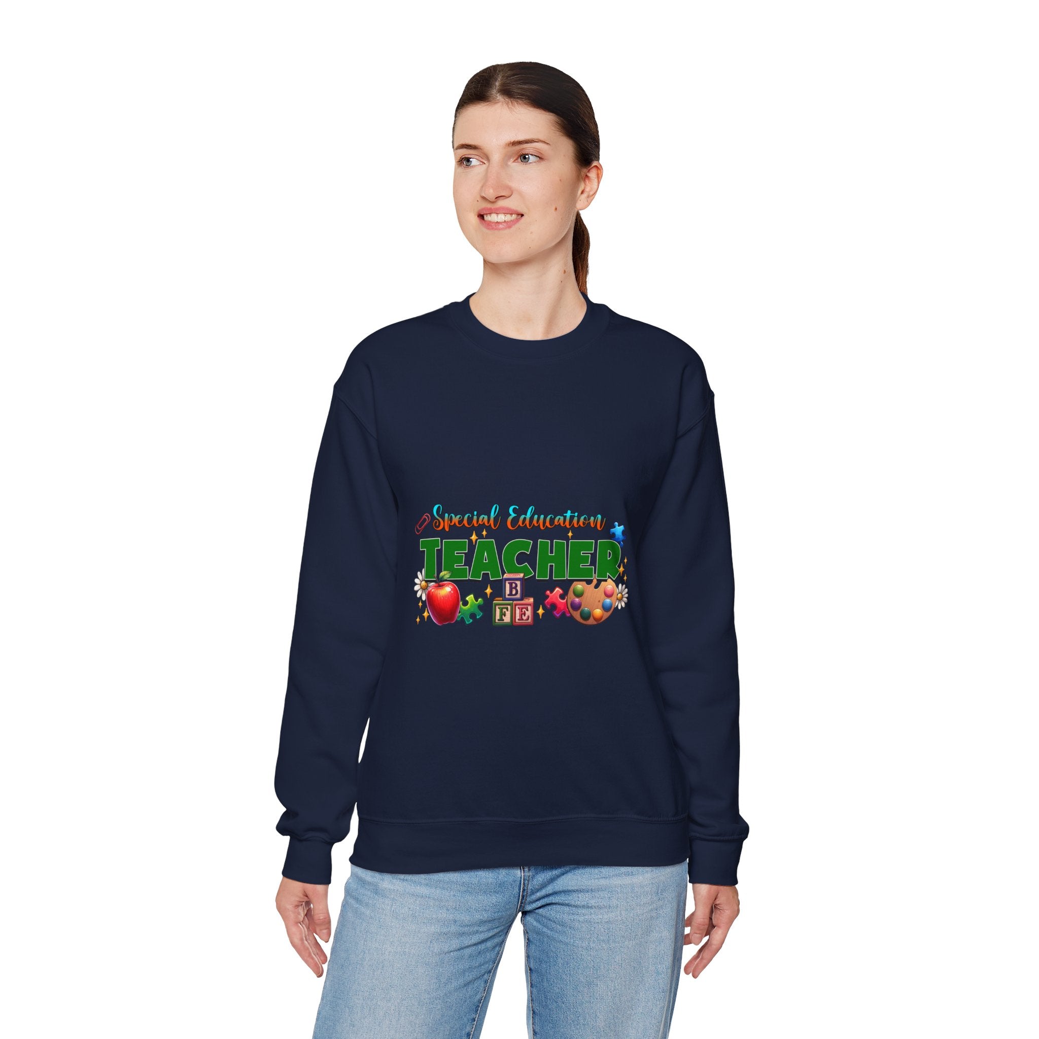 Special Education Teacher Crewneck Sweatshirt — Cute Apple & Classroom Icons