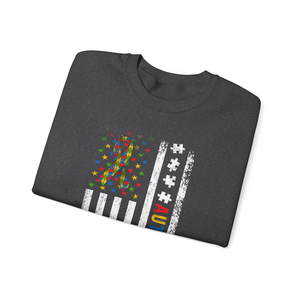 Autism Dad Crewneck Sweatshirt — American Flag Puzzle Ribbon Elephant Design
