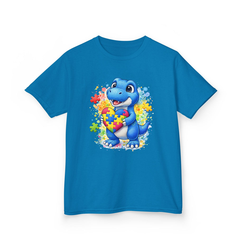 Kids T‑Shirt — Cute Blue Dinosaur Holding Puzzle Heart (Autism Awareness)