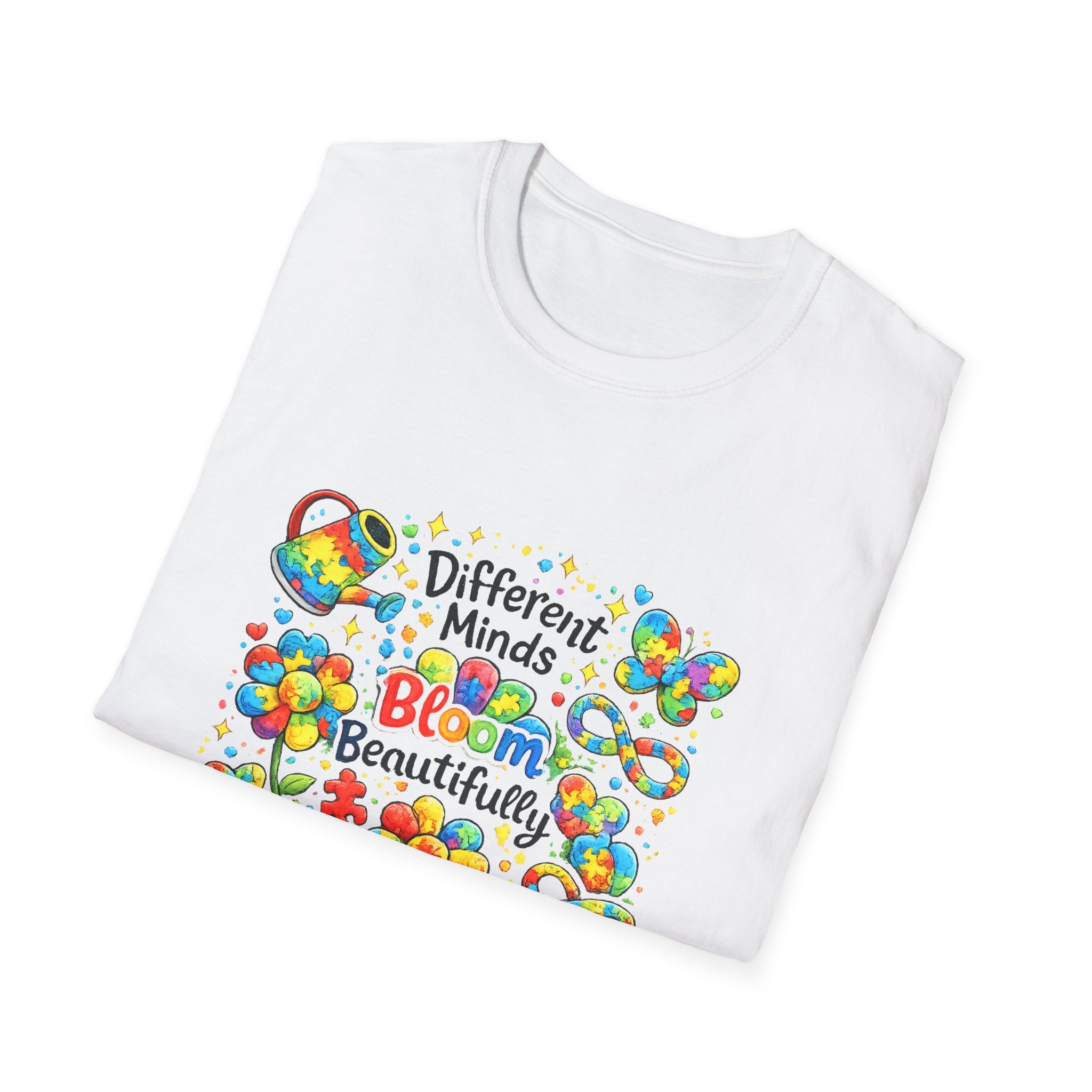 Autism Awareness T-Shirt – "Different Minds Bloom Beautifully" Colorful Puzzle Heart Design