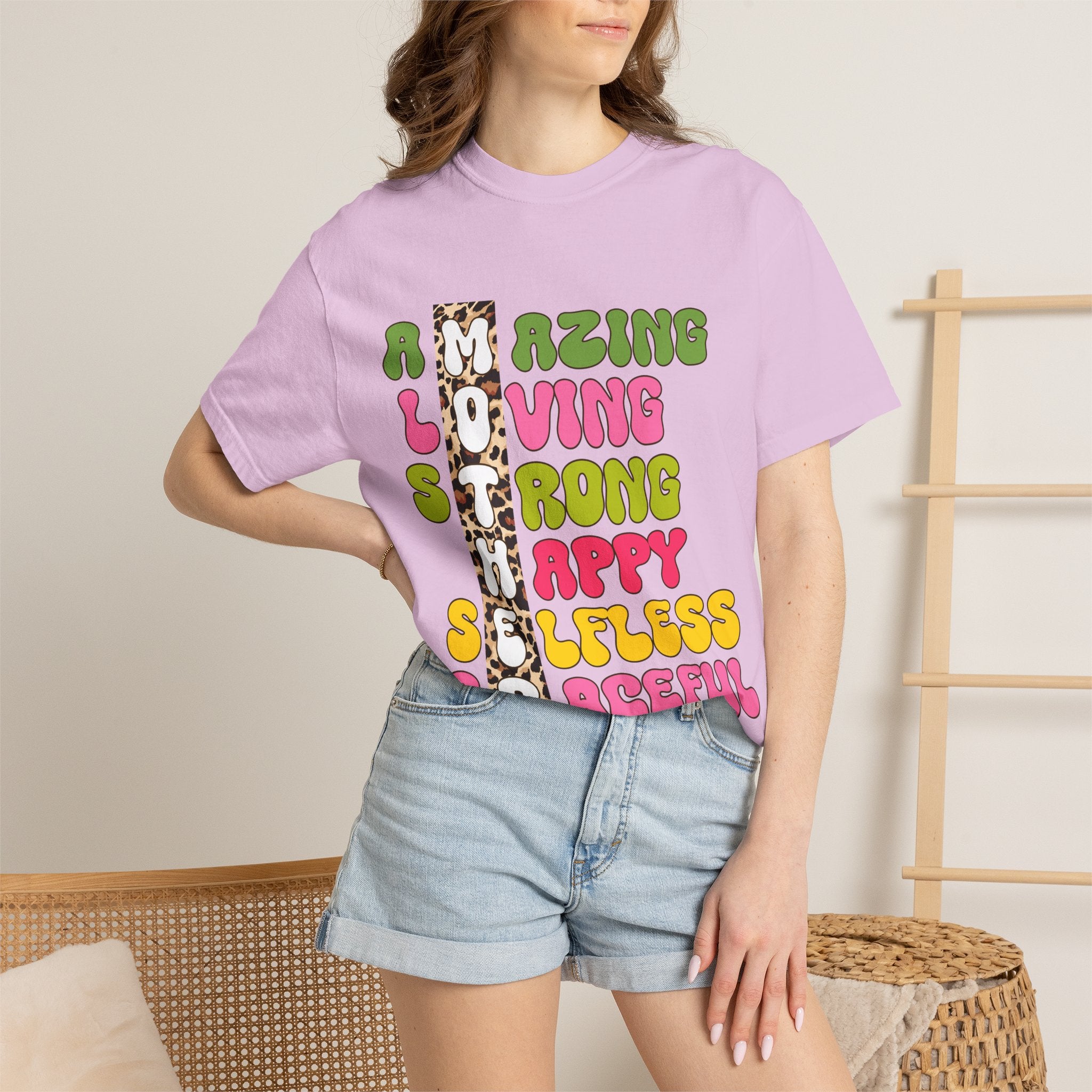 Mother Acrostic Graphic T-Shirt — Retro Bubble Letters & Leopard Accent